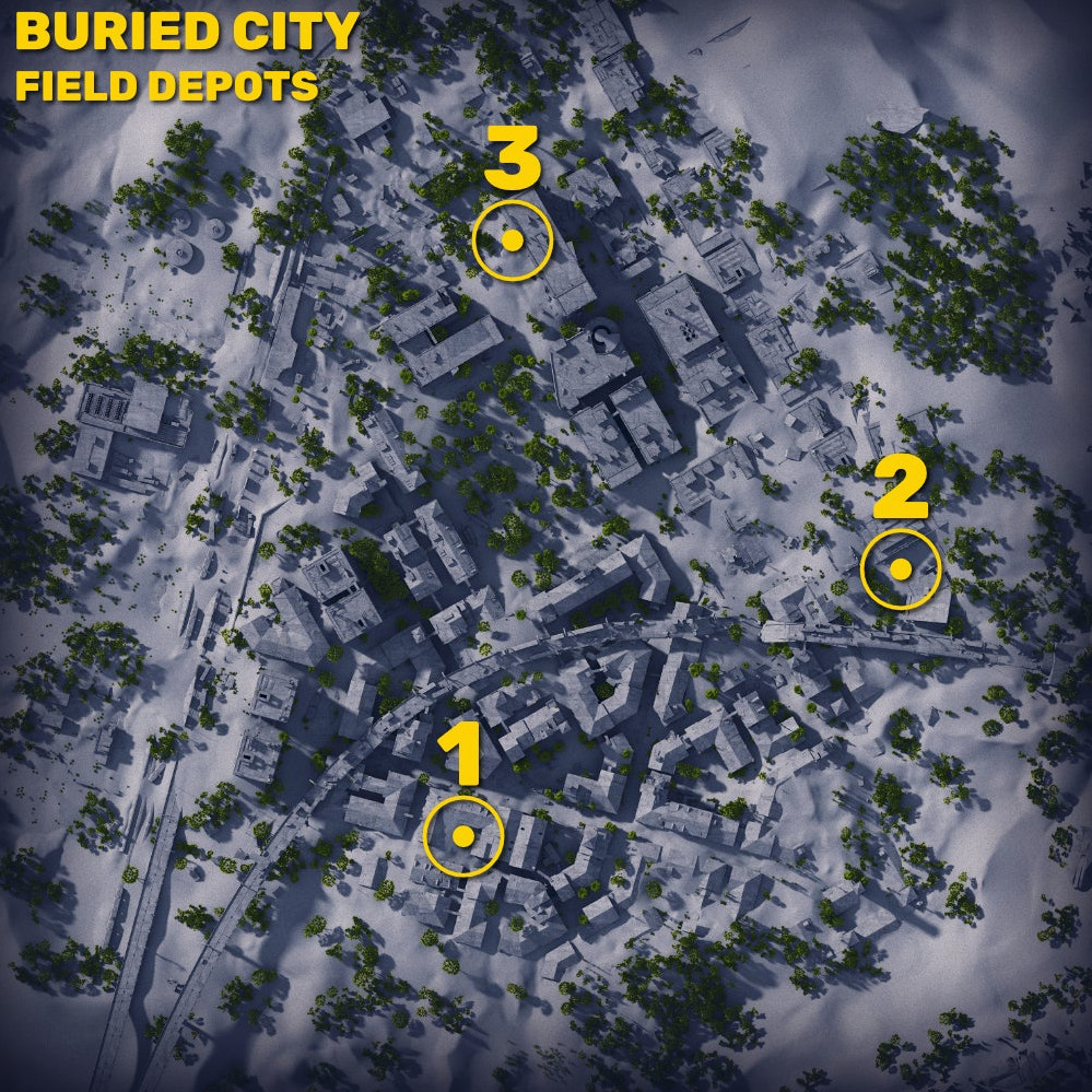 Карта Погребенного города в Arc Raiders, где жёлтыми кругами и цифрами отмечены все три полевые станции.