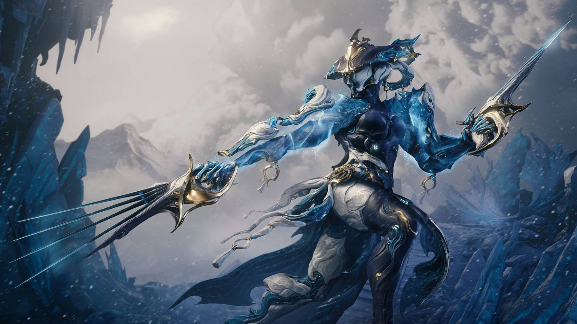 Изображение Нарин из Warframe с её рапирой и когтями в заснеженной локации
