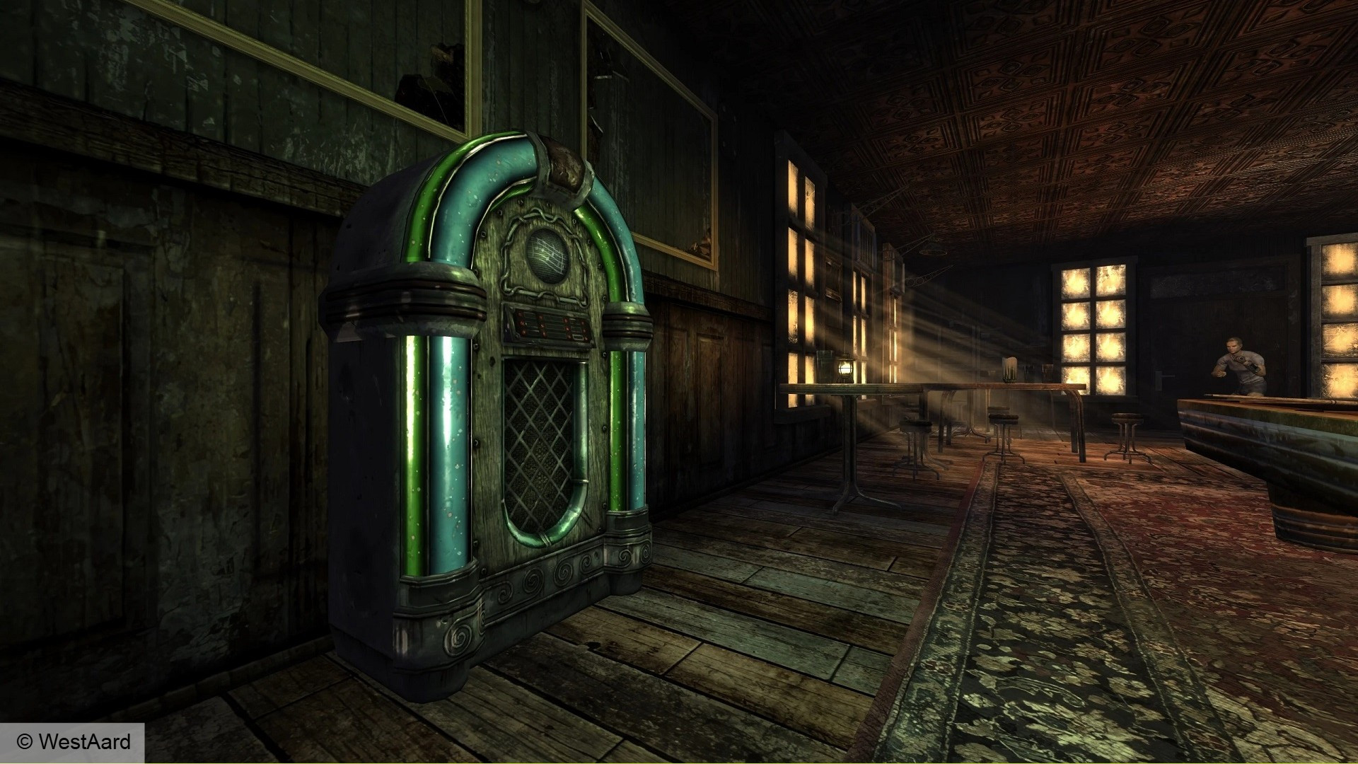 Fallout: New Vegas в 4K: музыкальный автомат в деревянном доме, с указанием авторства.