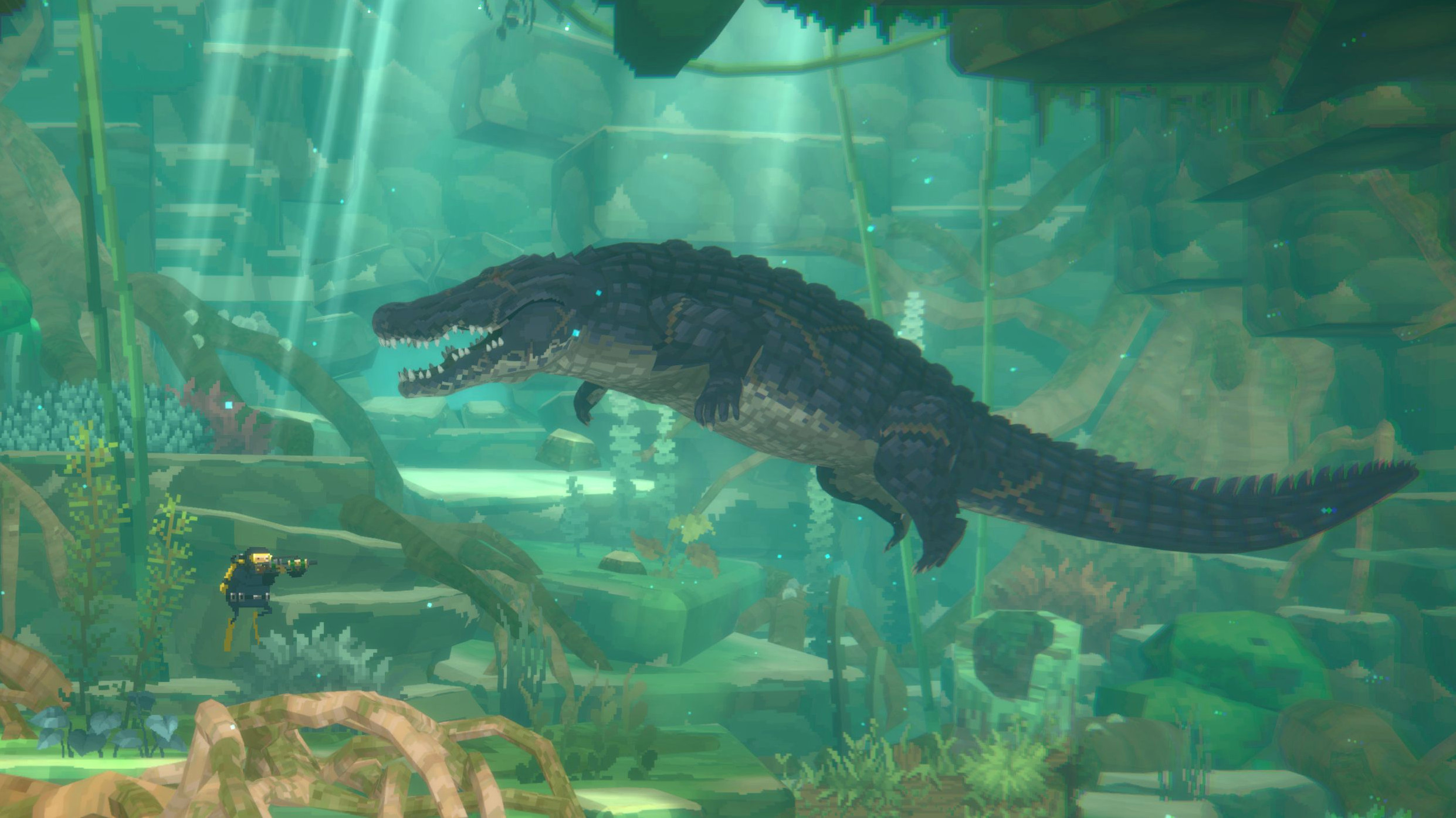 Dave the Diver сражается с крокодилом