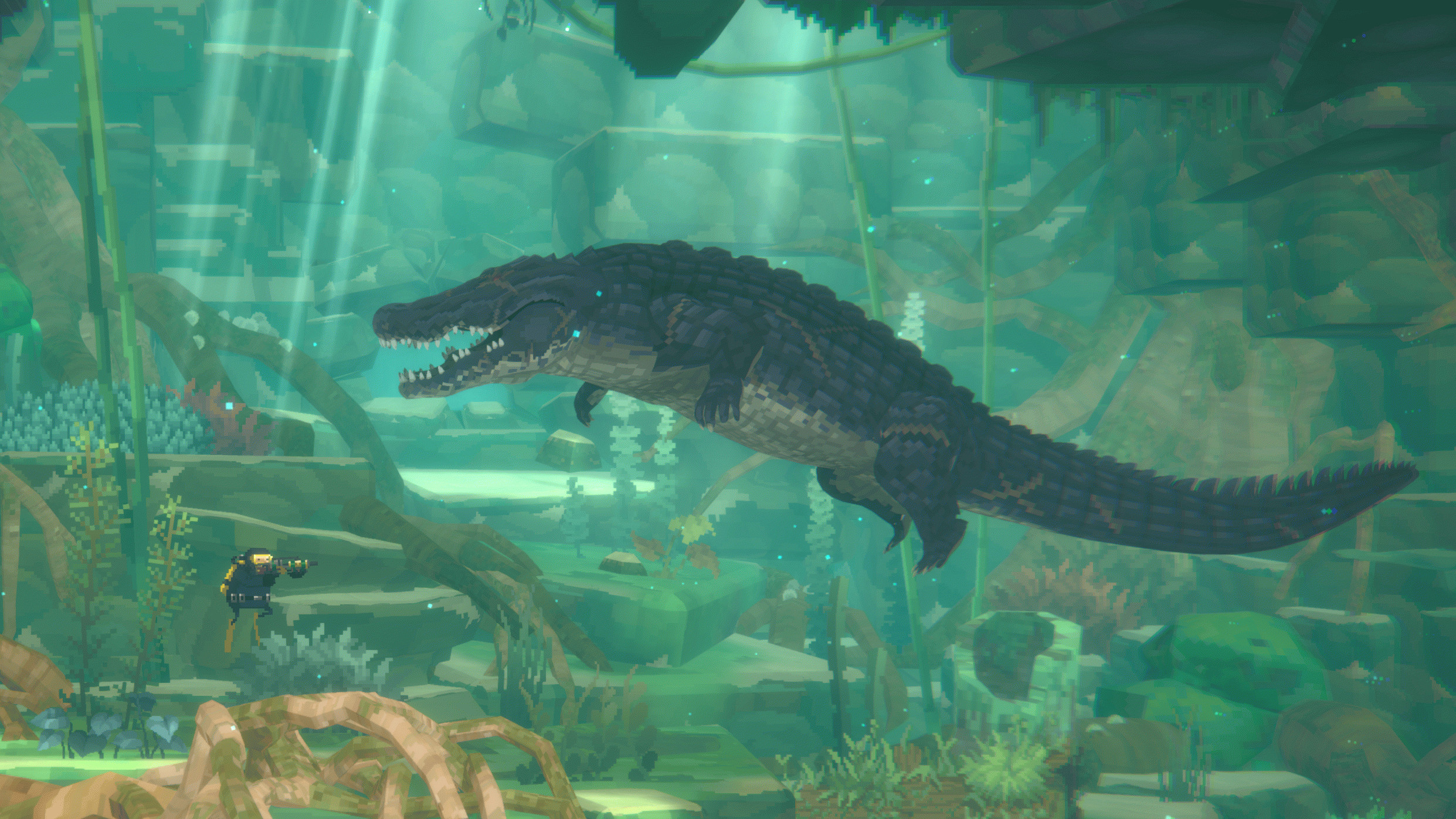 Dave the Diver сражается с крокодилом