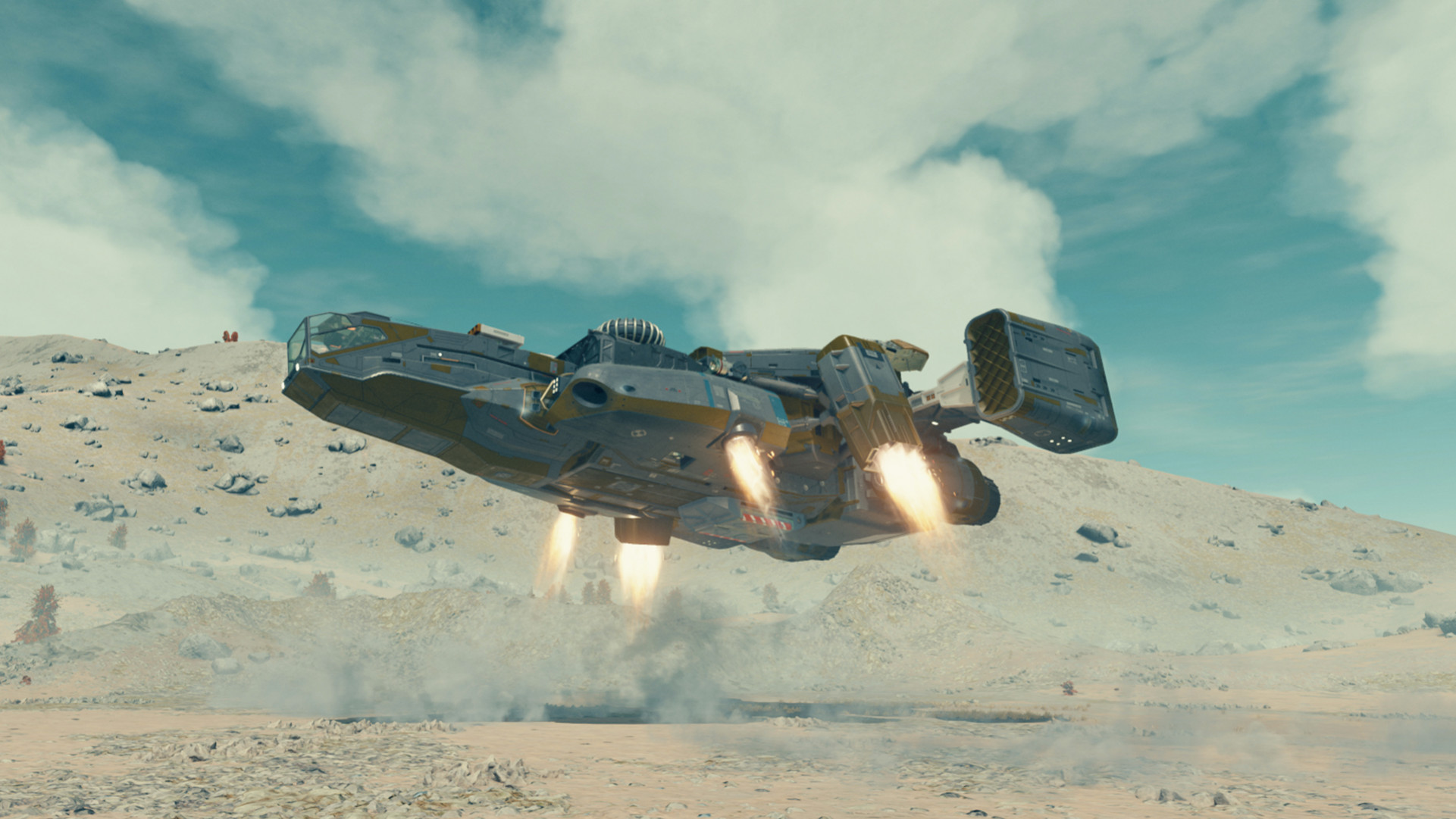 Корабль Starfield садится на поверхность яркой планеты