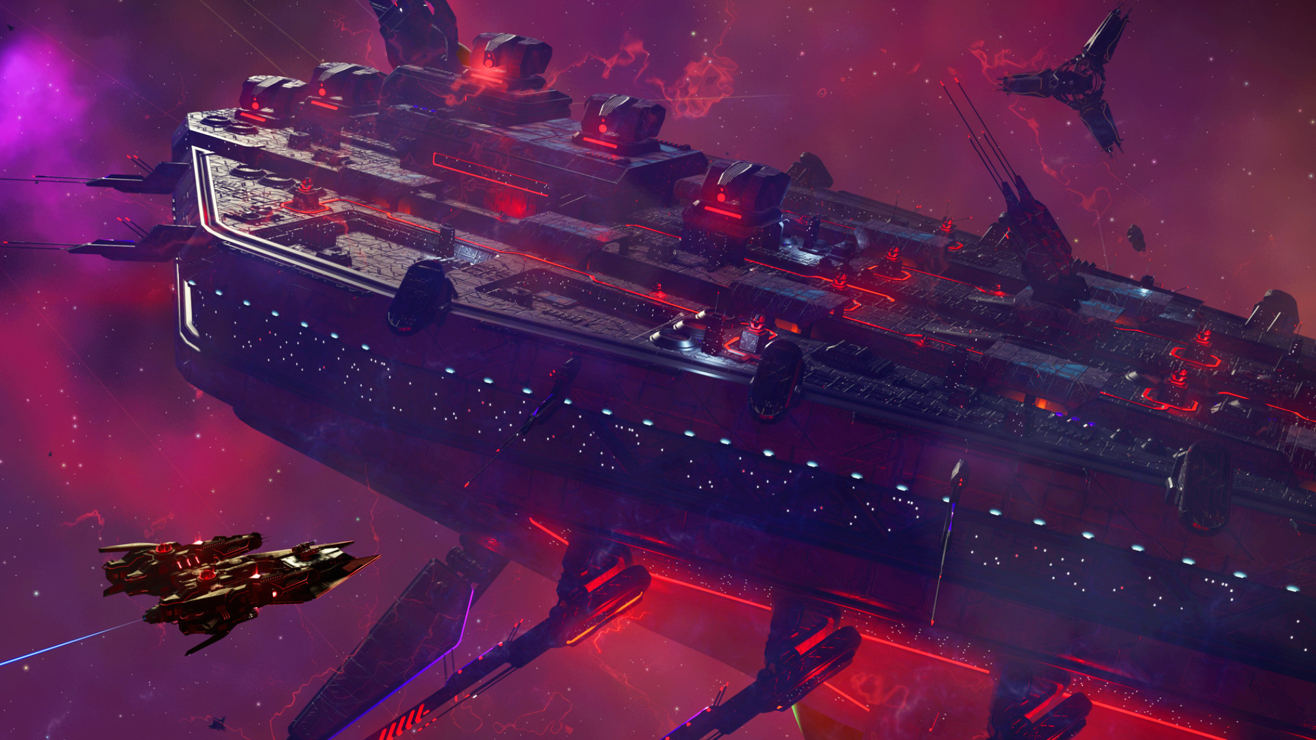 Экспедиция No Man's Sky Breach — маленький корабль приближается к гигантскому космическому судну.