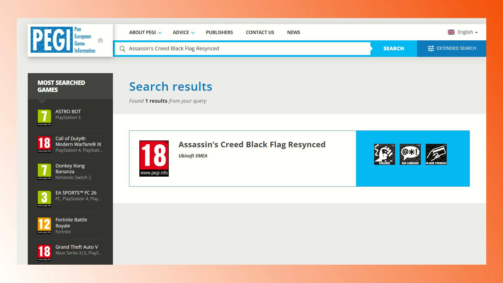 Сайт PEGI с записью для Assassin's Creed Black Flag Resynced.
