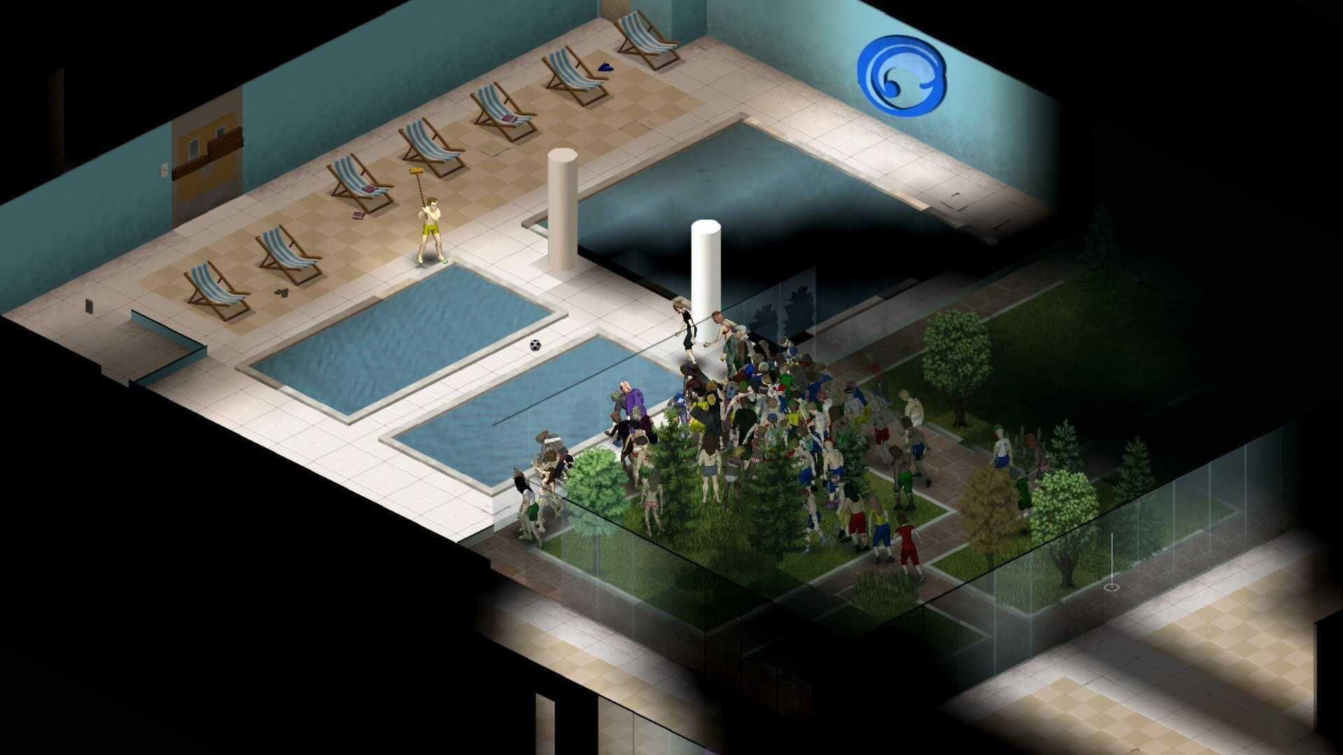 Игрок в Project Zomboid отбивается от наступающей орды щёткой у бассейна