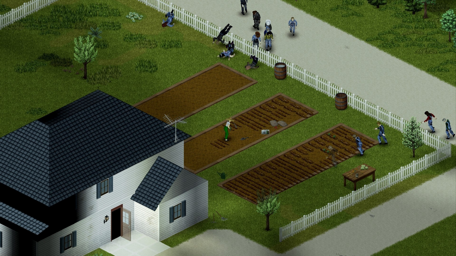 Игрок в Project Zomboid занимается фермерством на базе, пока зомби перелезают через забор. Орда наступает со стороны дороги