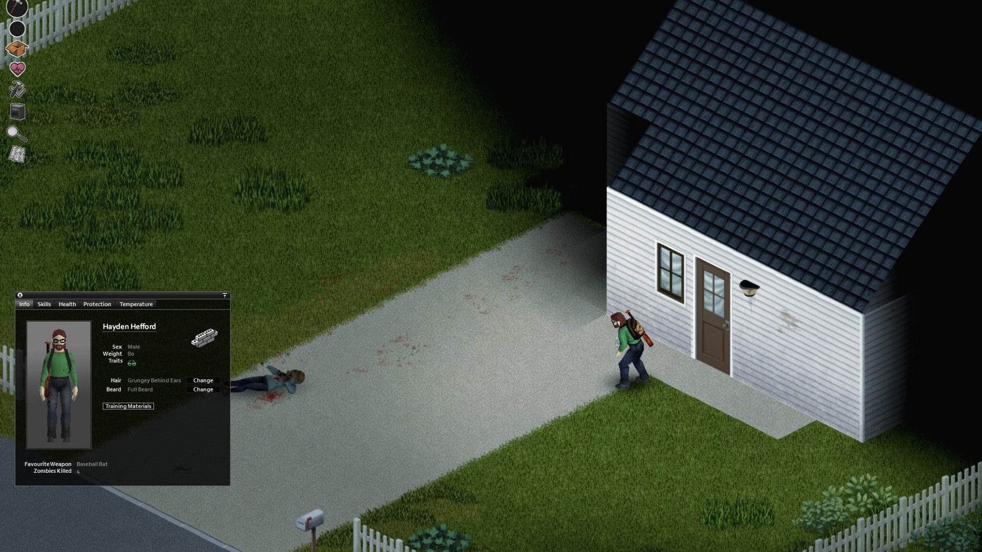 Игрок в Project Zomboid присел у входной двери дома перед вылазкой за припасами