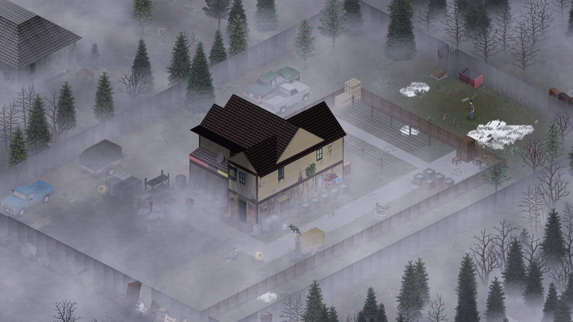 Дом в Project Zomboid, окружённый заборами и другими укреплениями, укутан густым туманом