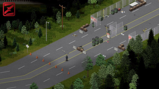Моды Project Zomboid: вид сверху — игрок на дороге у военного блокпоста.