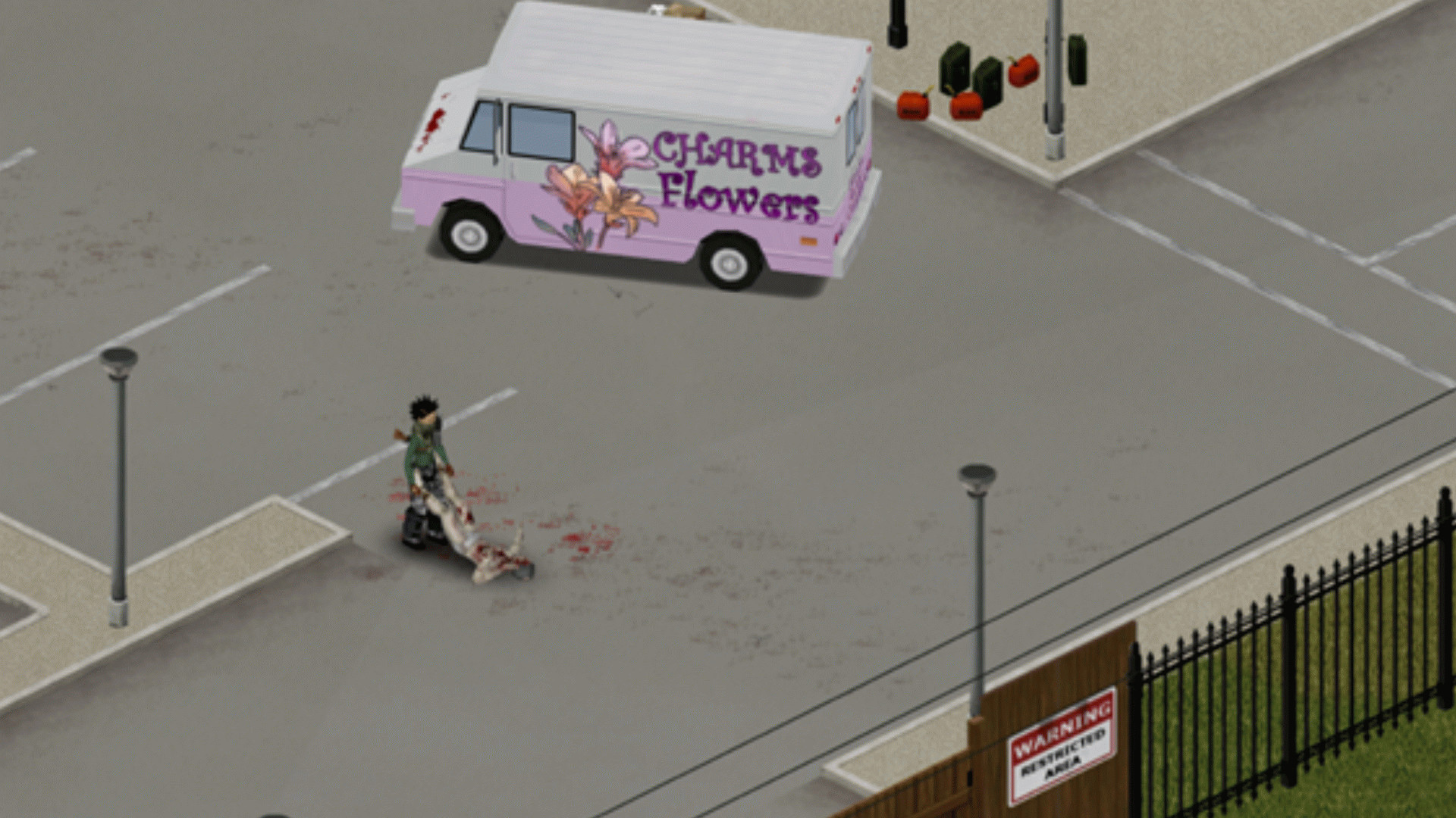 Project Zomboid build 42 stable «на финальном рывке» — человек тащит зомби мимо фургона с цветами на парковке.