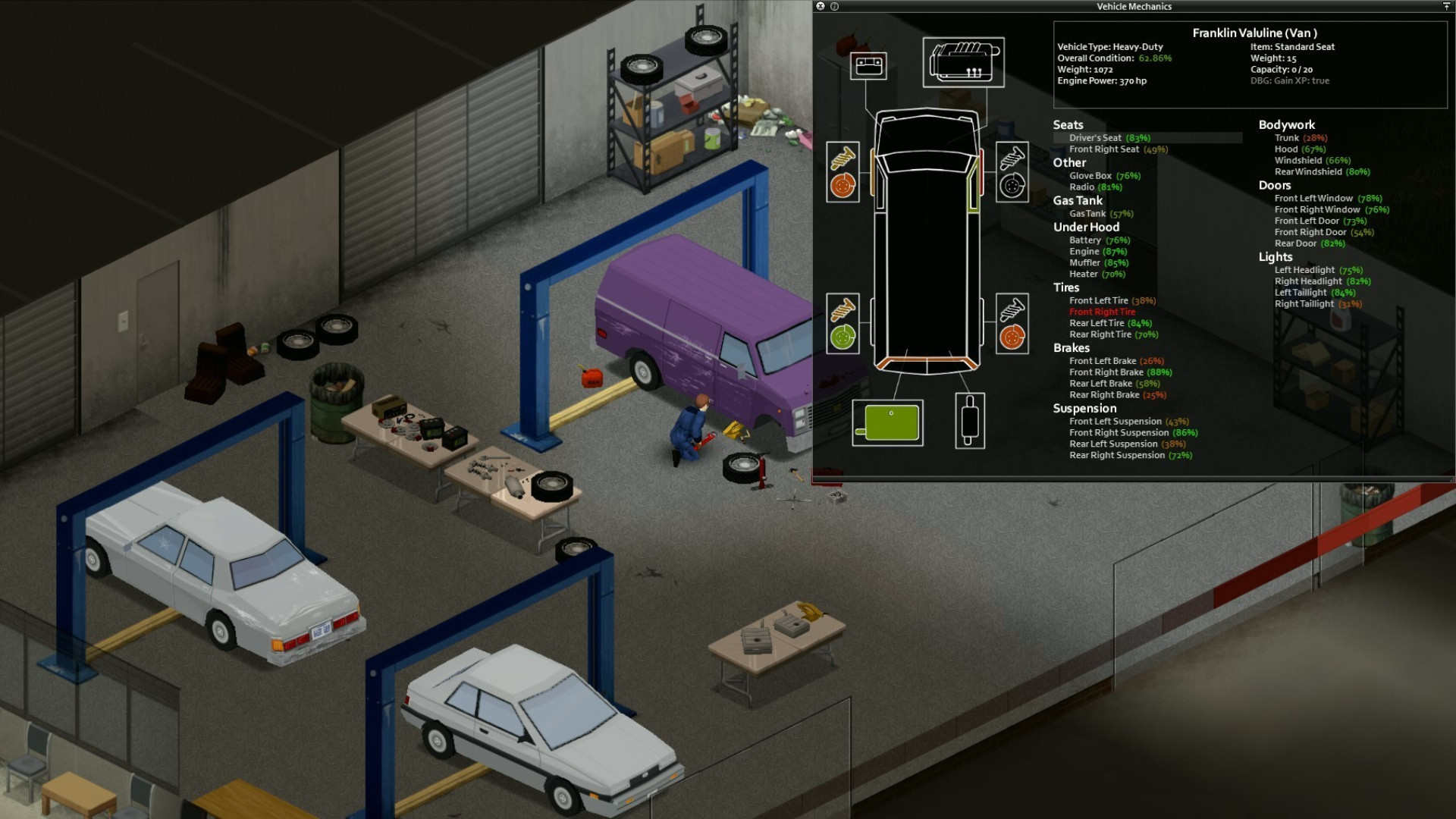 Project Zomboid, сборка 42.21 – механик работает над машиной.