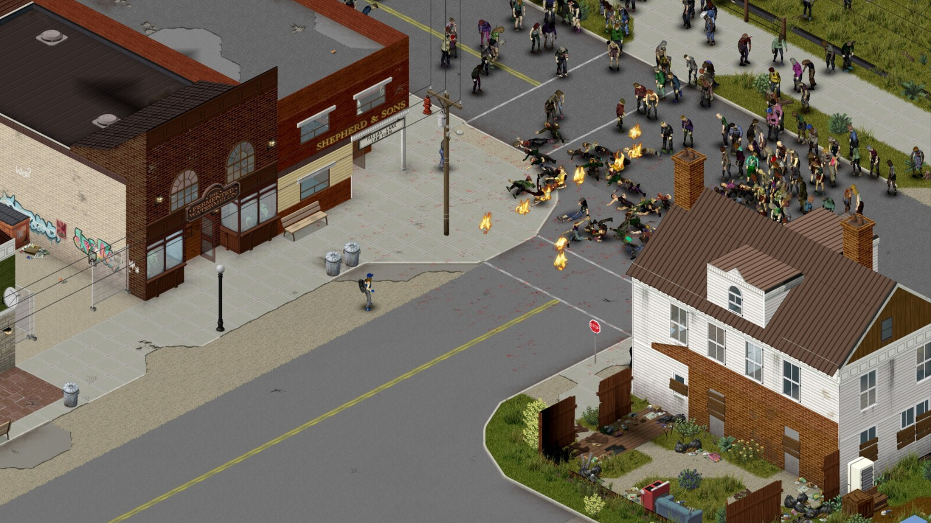 Project Zomboid, сборка 42.21 – орда приближается к игроку на Т-образном перекрёстке.