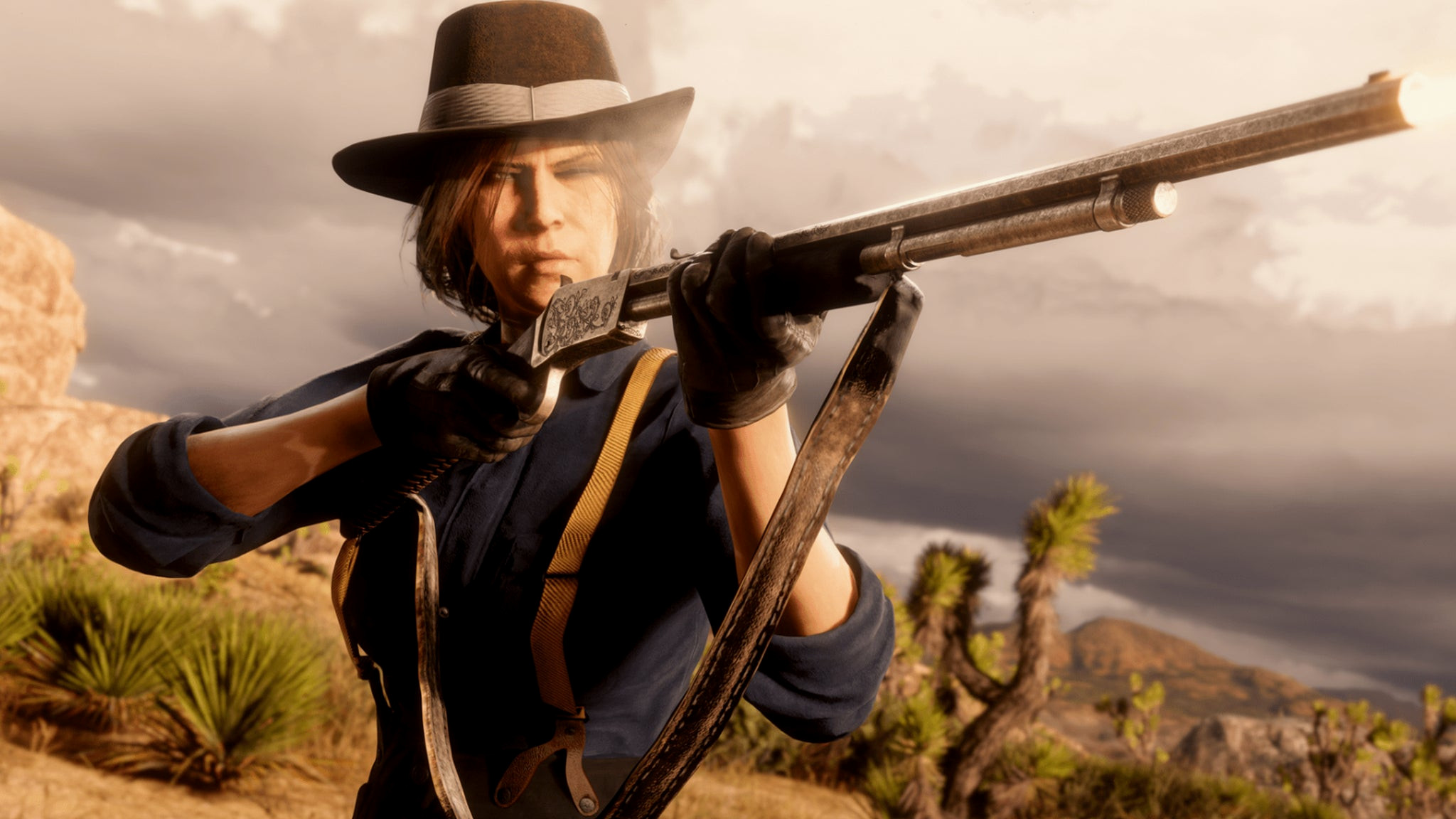 Женский персонаж в Red Dead Redemption 2 стреляет из карабина «Варминт».