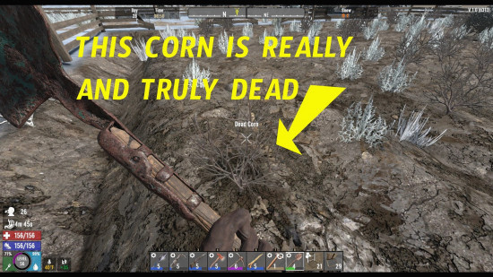 В моде Really Dead Corn для 7 Days to Die высохшая кукуруза отображается как сухой куст — удобно для игроков с дальтонизмом.