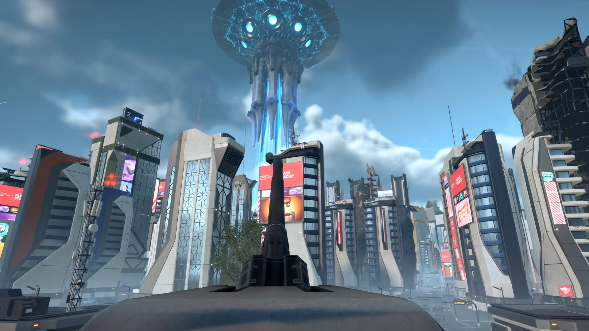 Helldivers 2 — игрок наводит пушку на корабль Illuminate.