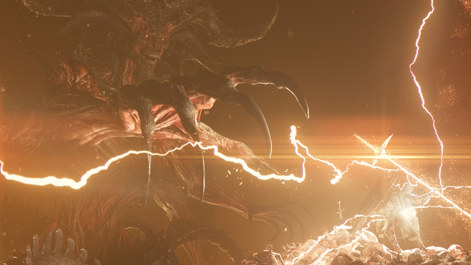 Изображение Мефисто из Diablo 4, сражающегося с паладином, который призывает священную молнию