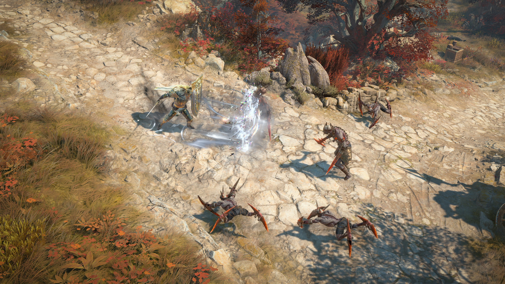 Изображение паладина из Diablo 4 в доспехах, сражающегося с монстрами на засушливых степях