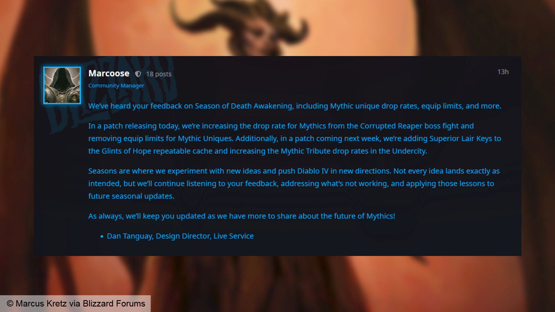 Обновление Diablo 4 убирает ограничение на изготовленные эпохальные уникальные предметы – менеджер сообщества Маркус Крец делится сообщением от директора по дизайну поддержки игры Дэна Тангуэя.