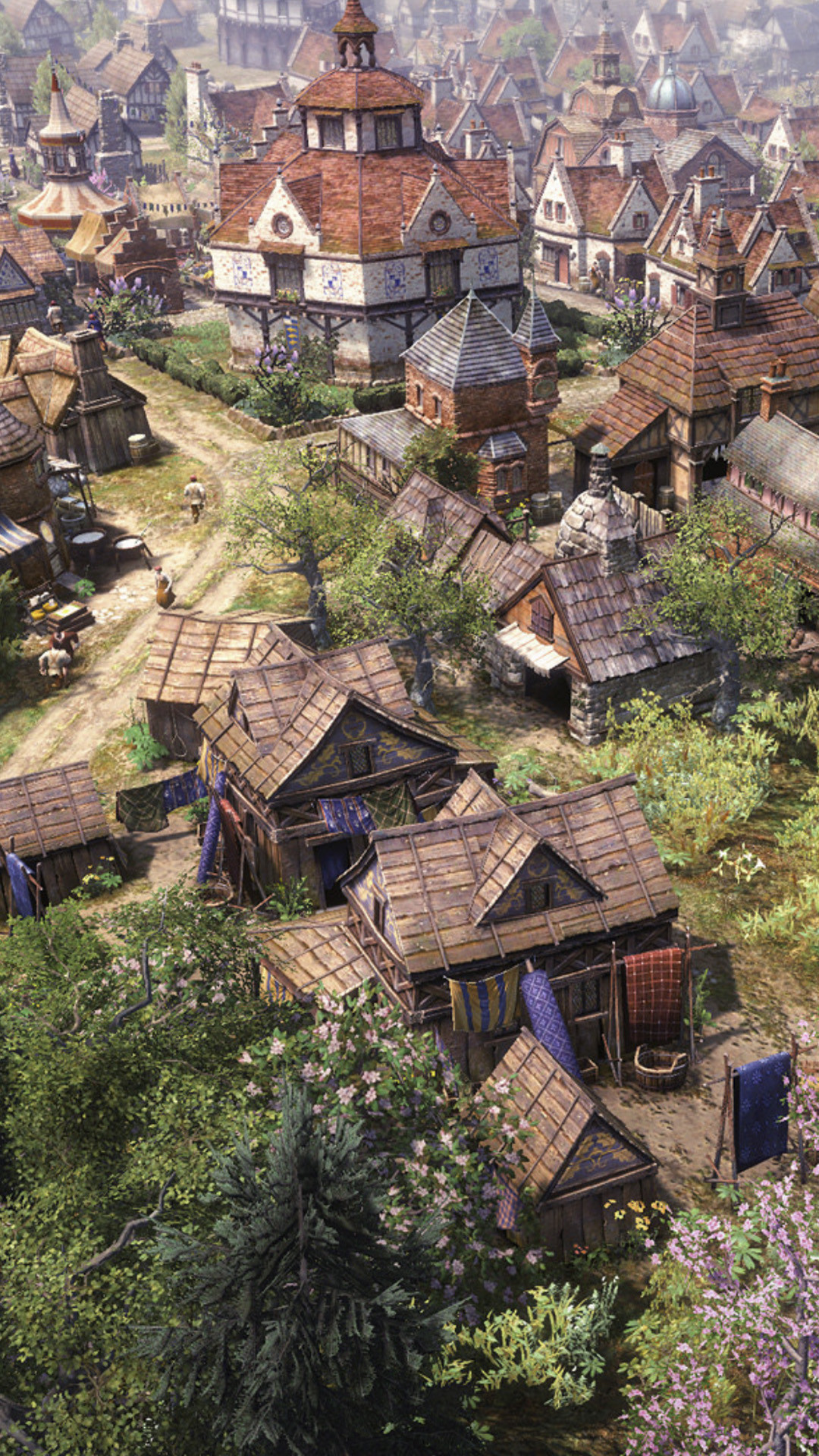 Растущая деревня в Farthest Frontier, полная старых деревянных лачуг и нескольких более высоких кирпичных зданий