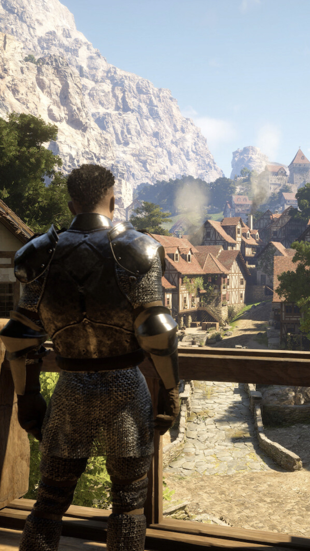 Персонаж Pax Dei отвернулся и смотрит на фэнтезийный город