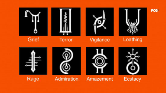 Hell Is Us — экран с разными рунами и их названиями.