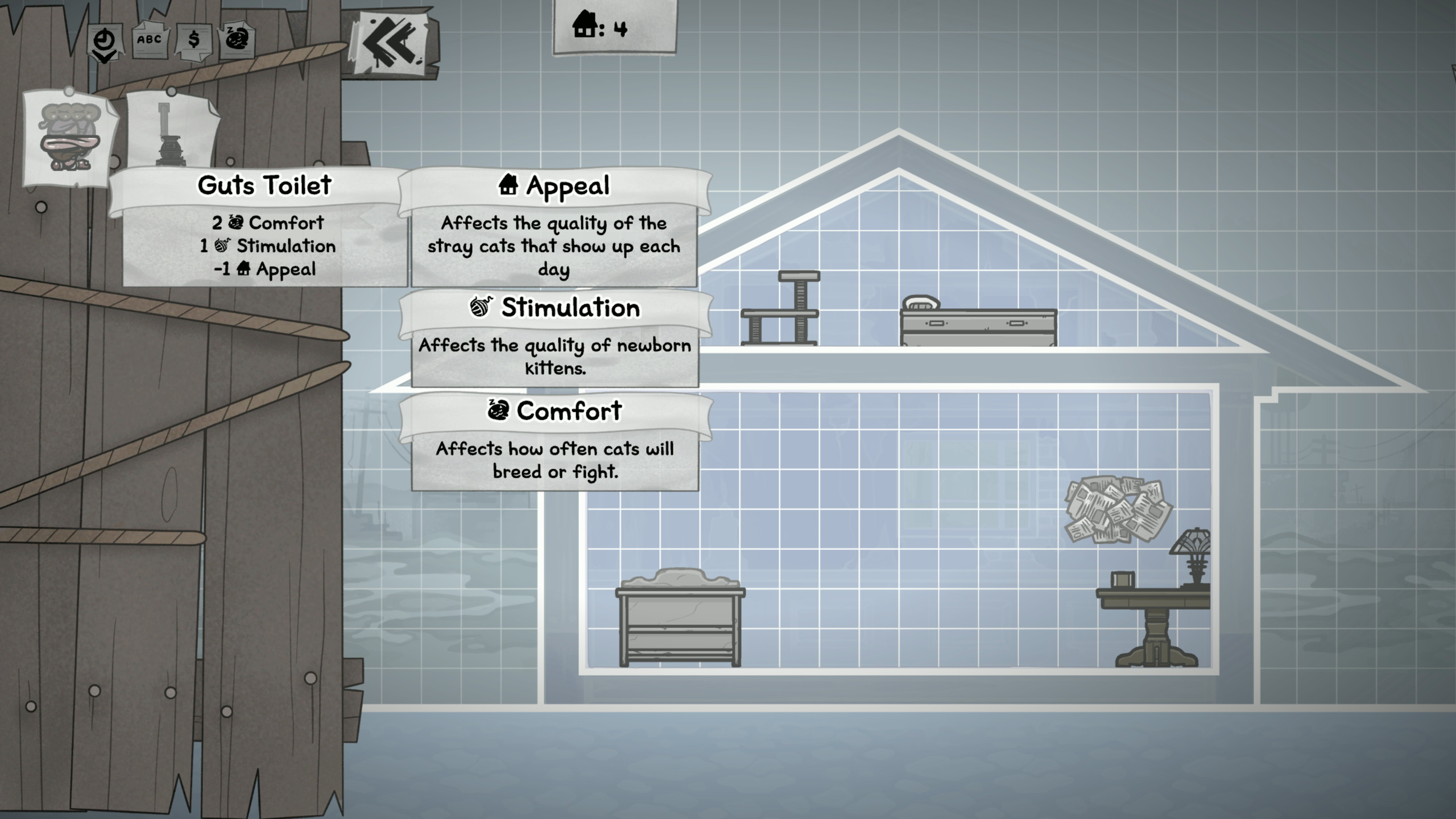 Гайд по разведению в Mewgenics: чертёж дома поверх экрана, пока игрок рассматривает предмет мебели.