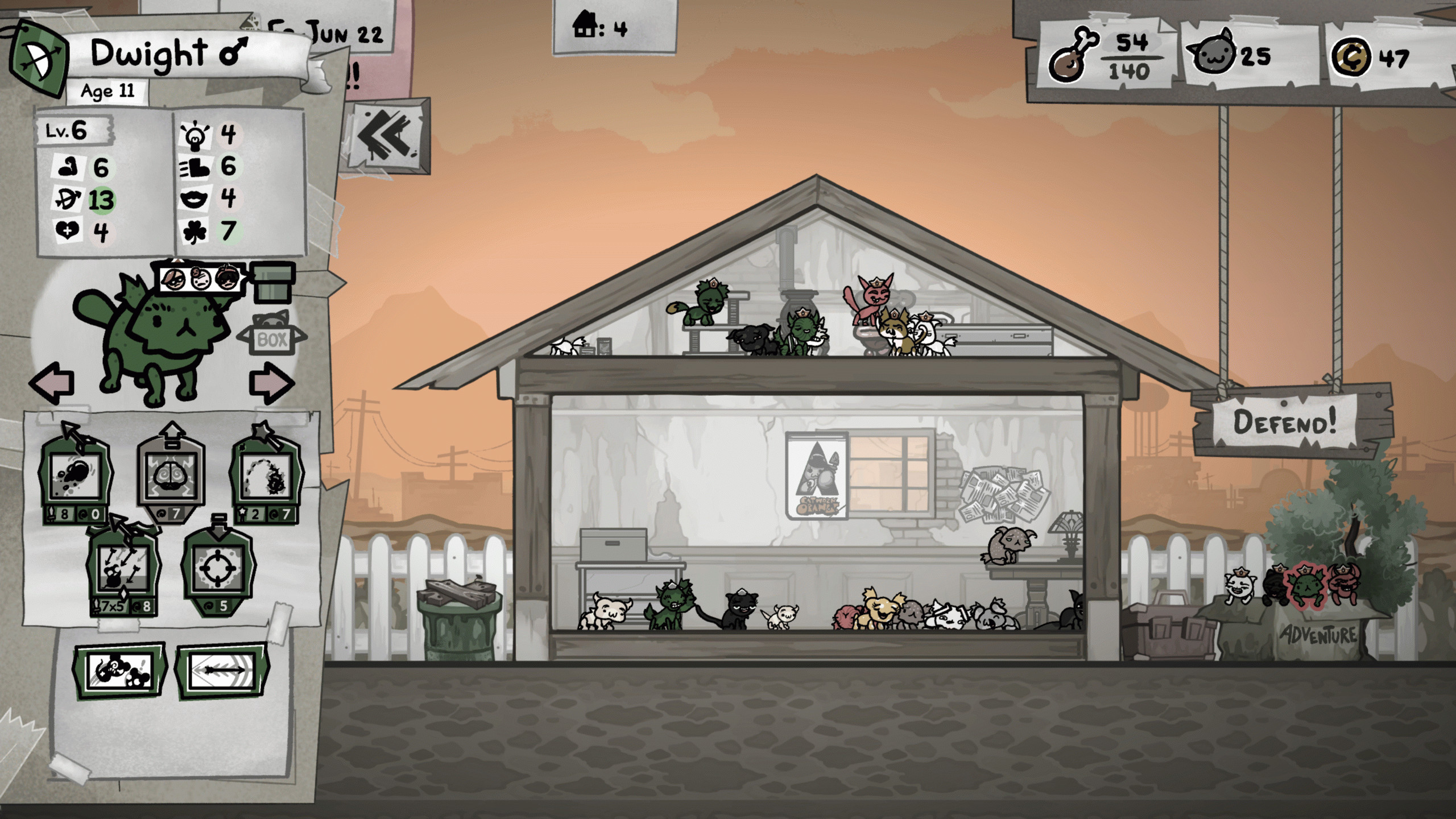 Mewgenics Гильотина: игрок осматривает охотника-кота по имени Dwight у себя дома.