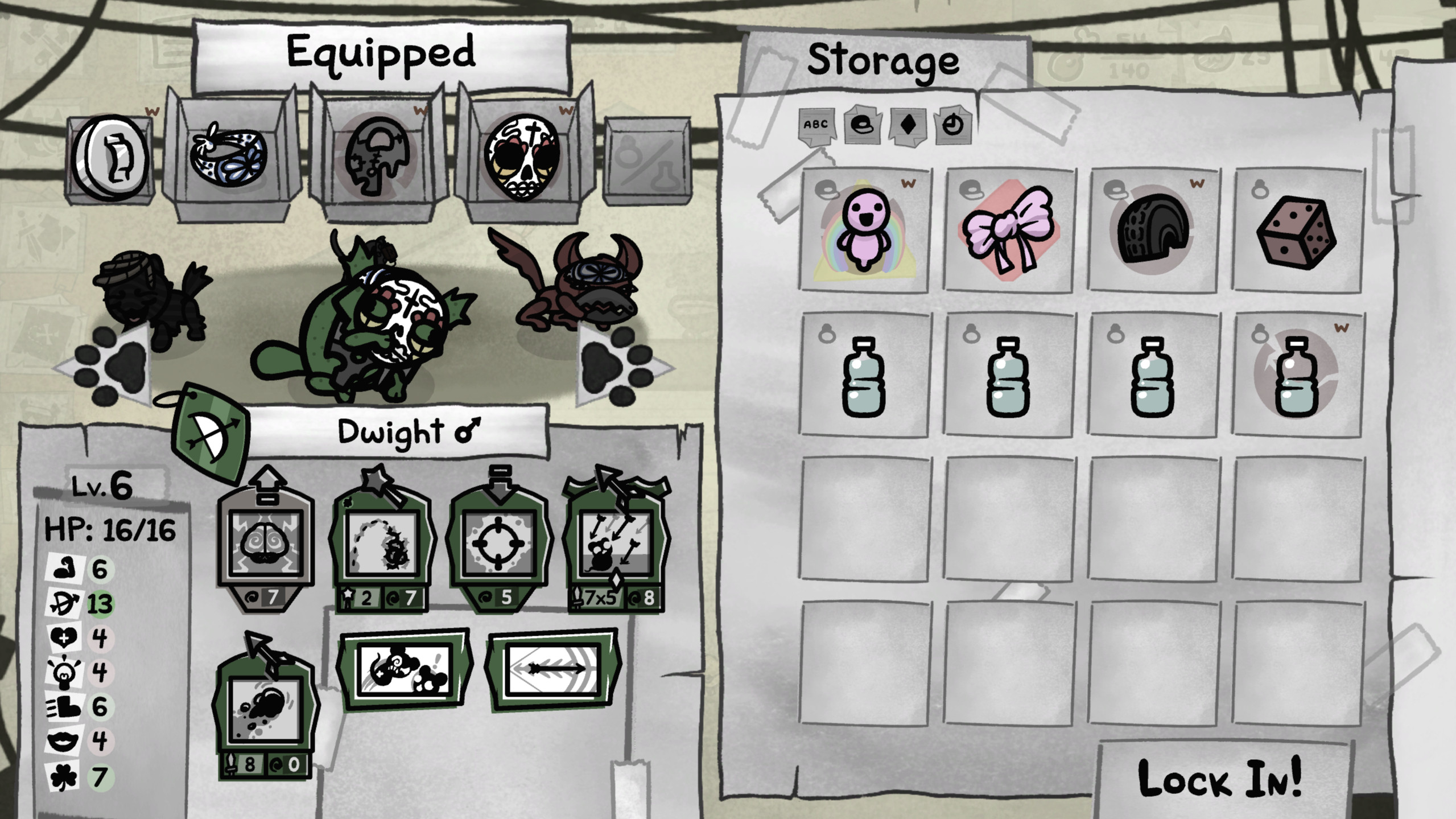 Mewgenics Гильотина: игрок готовит своих котов, экипируя охотника Dwight снаряжением.