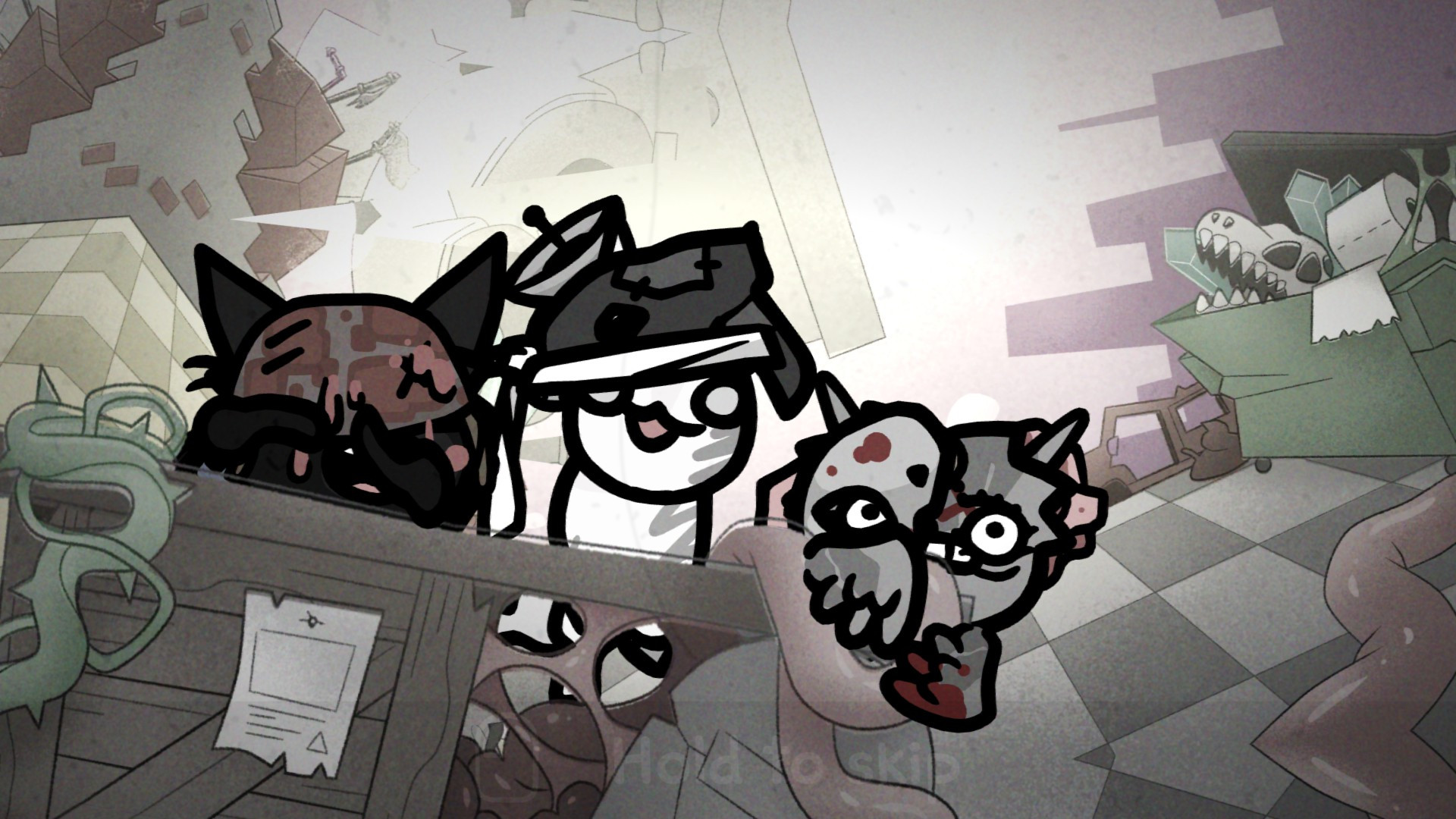 Три кота в Mewgenics, напуганно прячущиеся за обломками.