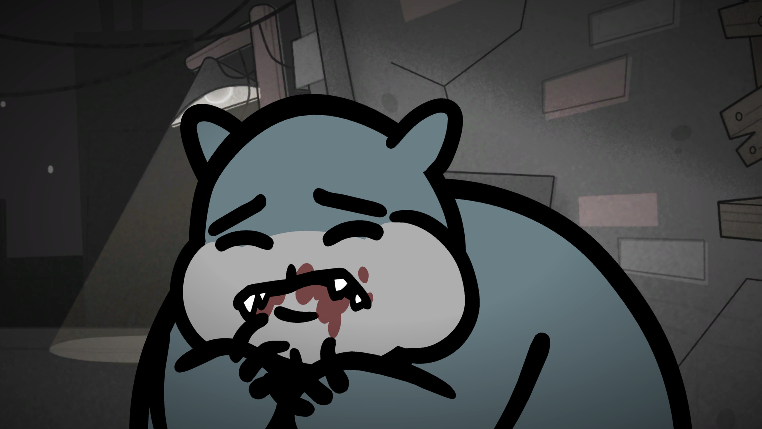 Mewgenics Guillotina: крупный план Guillotina с лапами у рта после того, как она съела котёнка.