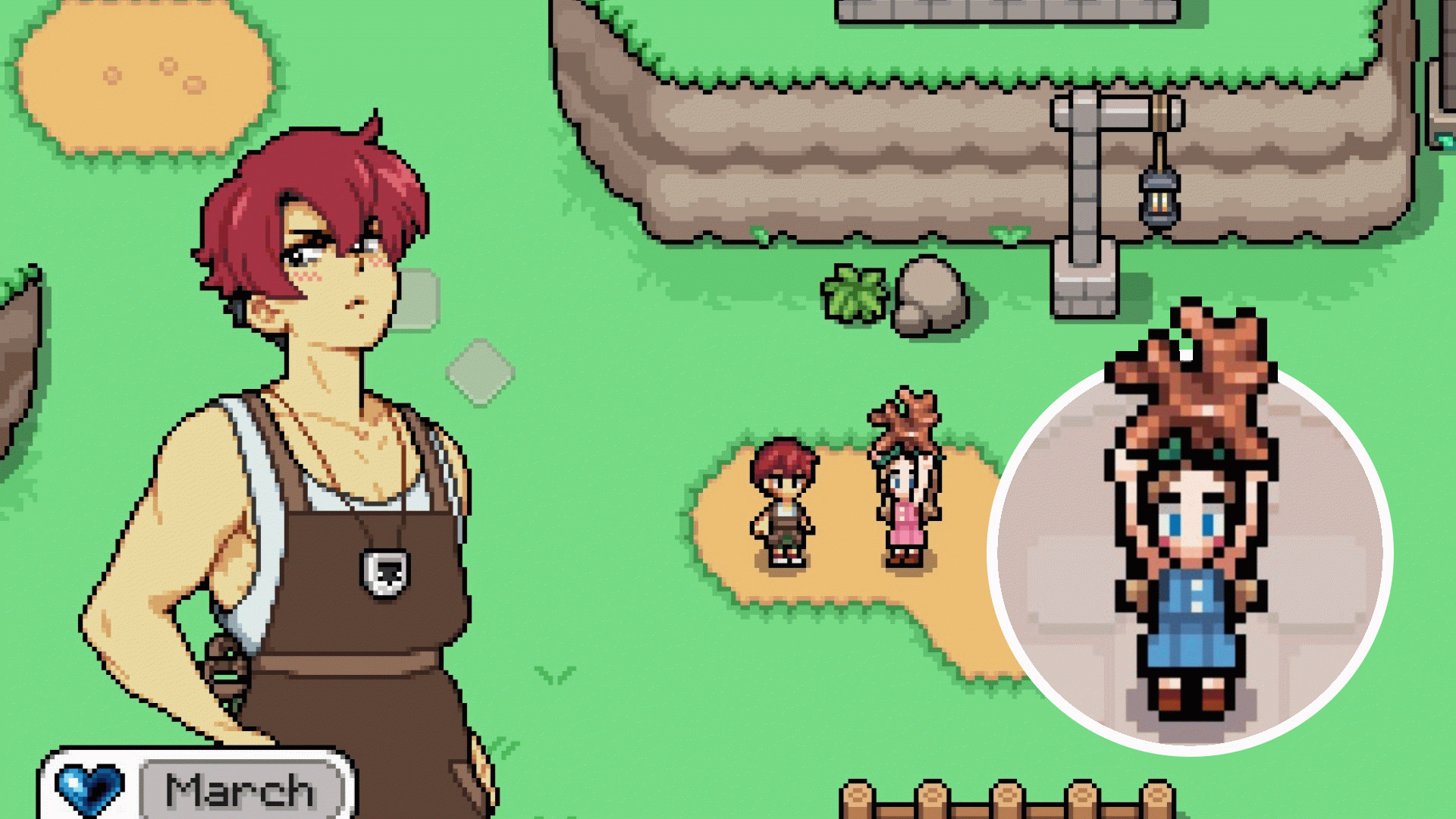 Fields of Mistria – Марч смущается, пока игрок вручает ему идеальную медную руду. На вставке игрок держит идеальную медную руду – колючий оранжевый металлический предмет.