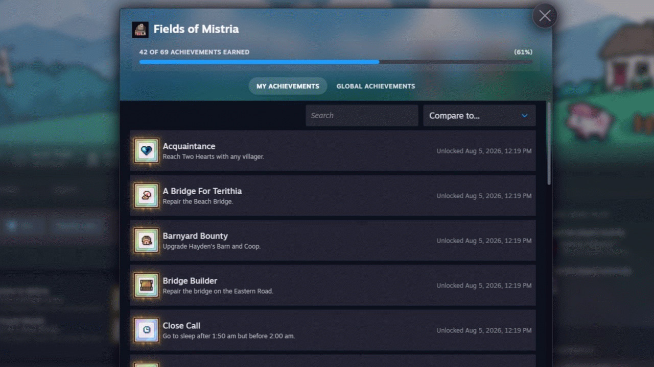 Отображение библиотеки Steam со списком достижений Fields of Mistria