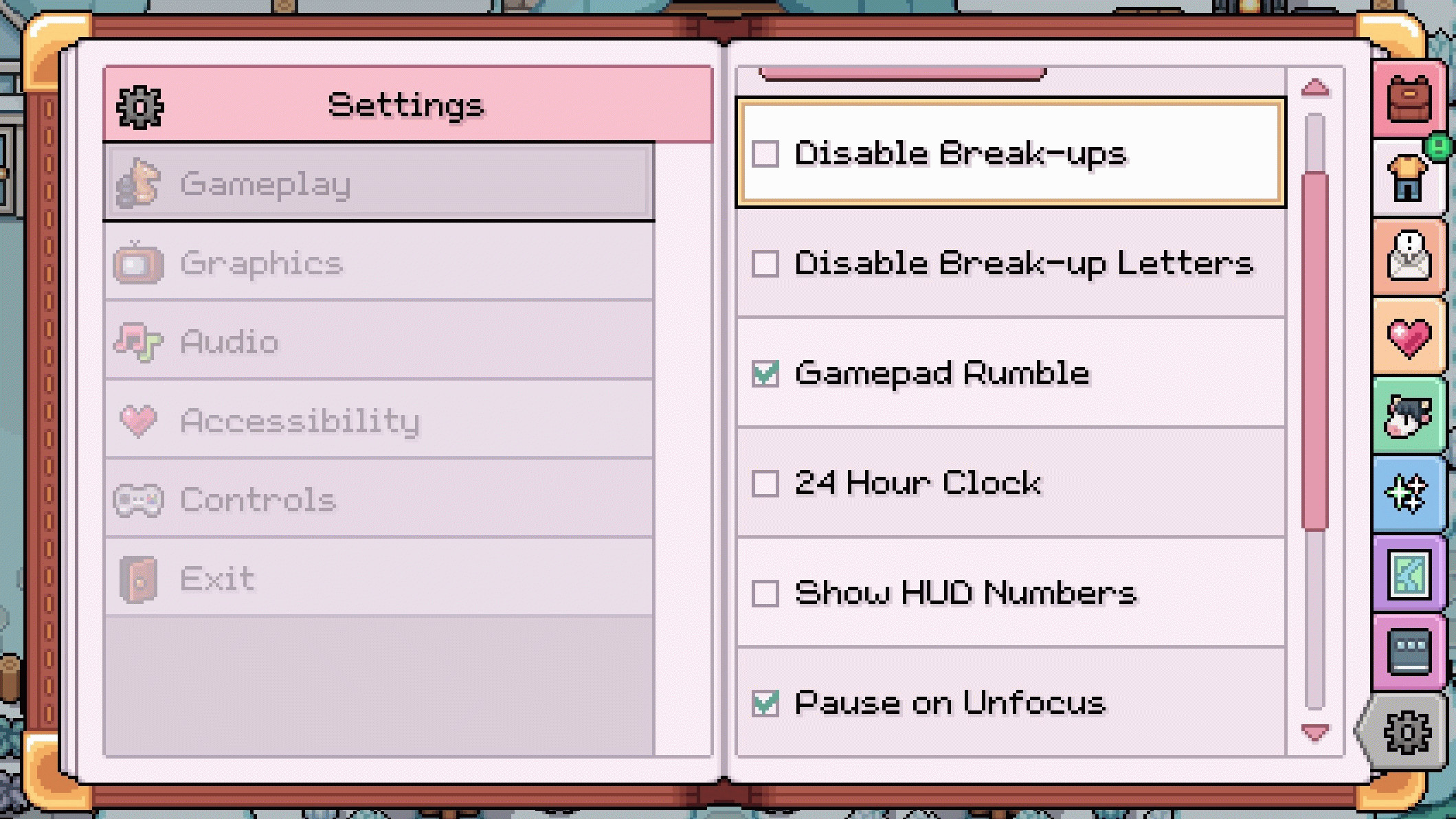 Fields of Mistria – меню настроек игрового процесса с галочками «disable break-ups» и «disable break-up letters»