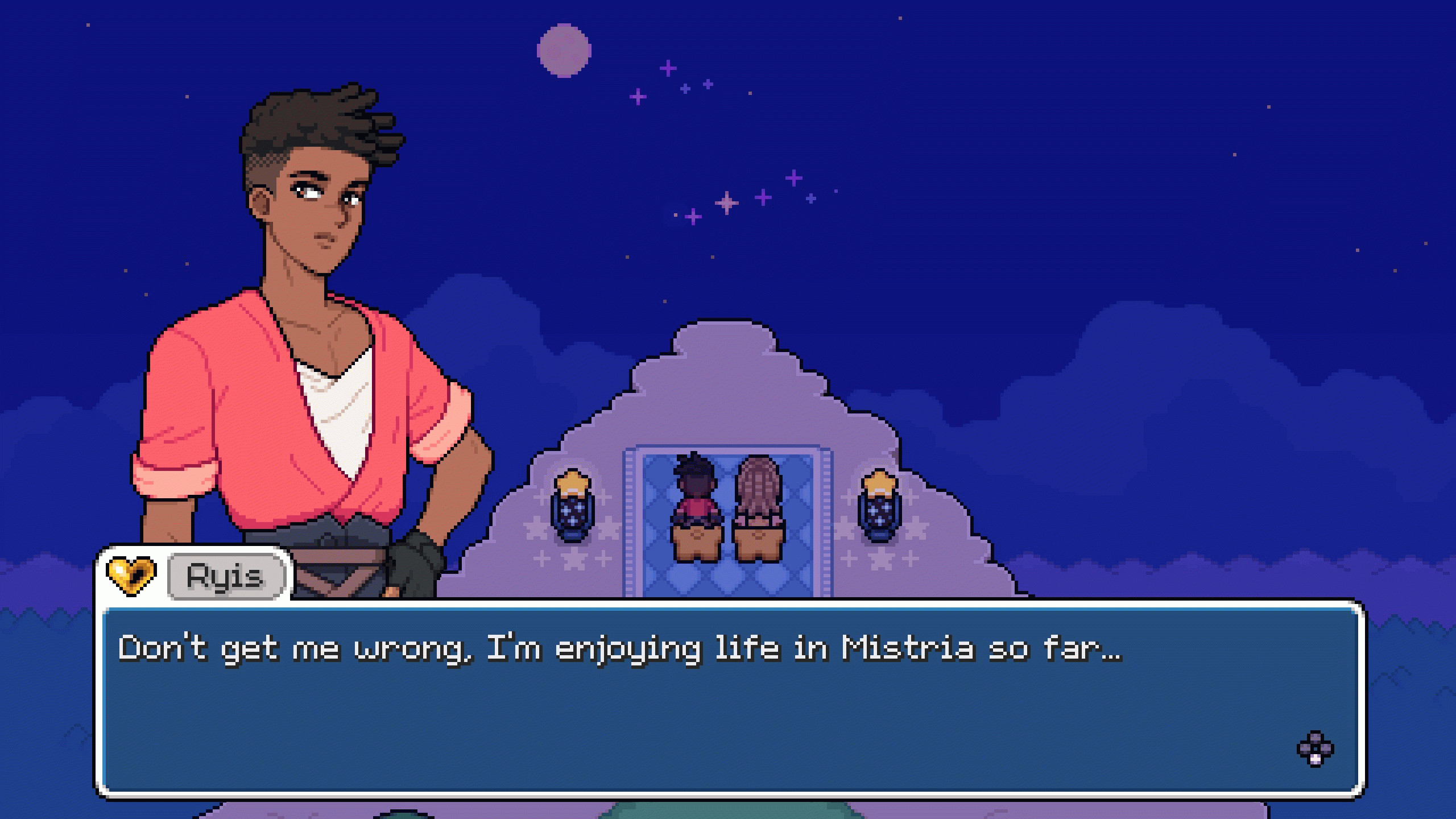 Fields of Mistria – Райс сидит с игроком на вершине во время фестиваля падающих звёзд и говорит: «Не пойми неправильно, мне и правда нравится жизнь в Мистрии».