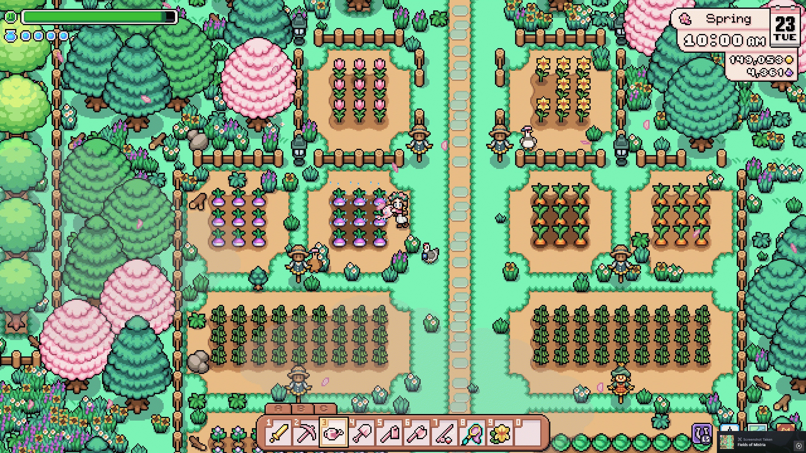 Fields of Mistria – игрок поливает репу весной, пока рядом пасутся куры