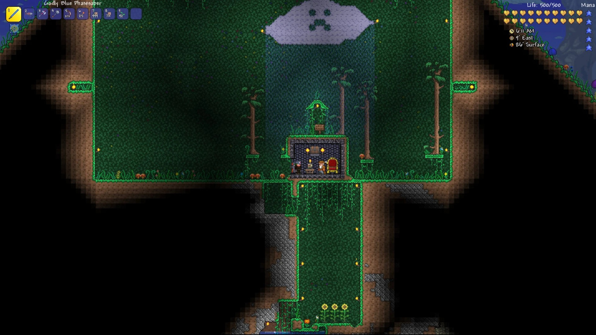 Лучшие моды для Terraria: дом в разрезе посреди леса.