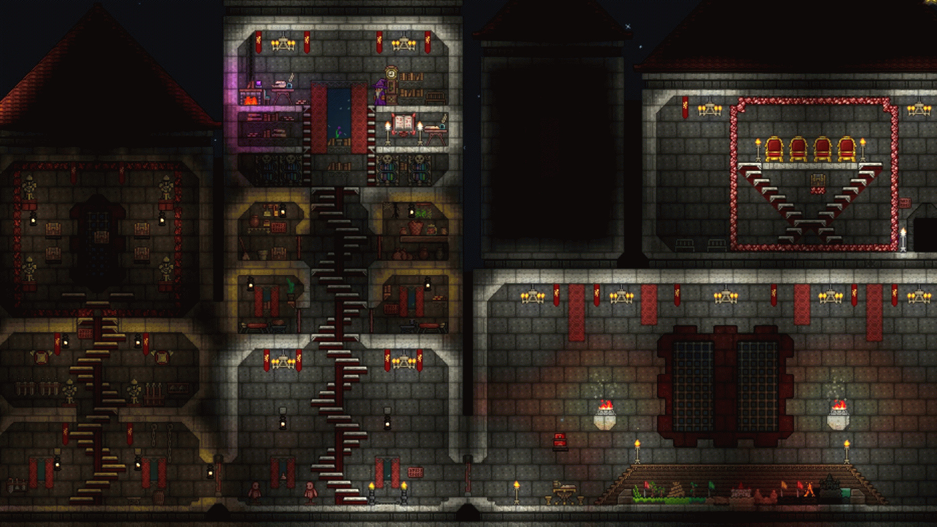Моды для Terraria: тёмный замок с несколькими комнатами, освещёнными свечами.