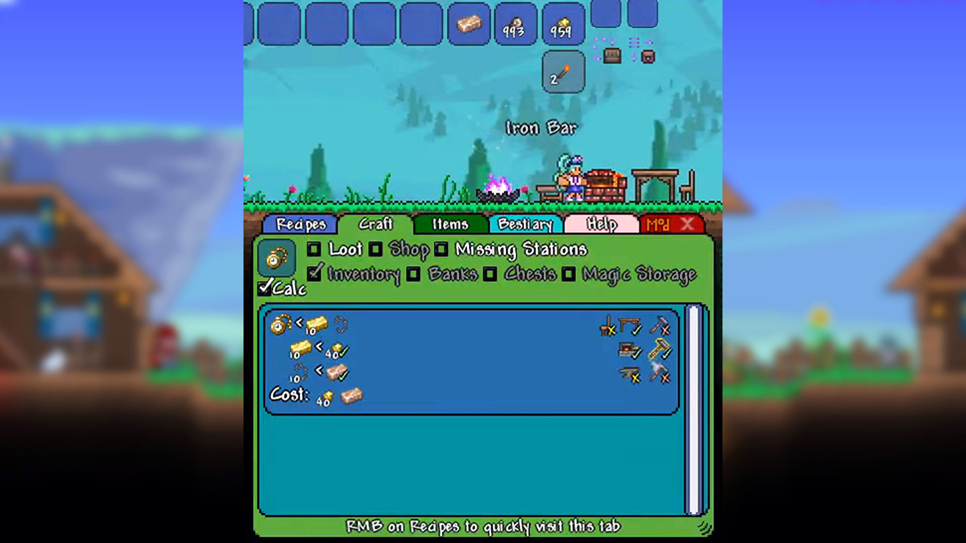 Лучшие моды для Terraria: интерфейс мода Recipe Browser