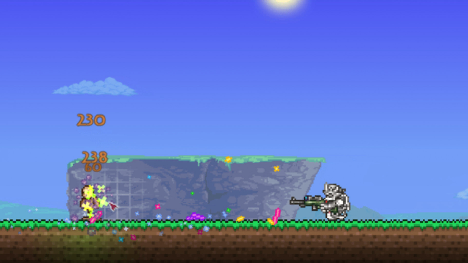 Обновление Terraria 1.4.5.7 – игрок со сборкой под дальний бой и снайперским ружьем стреляет по тренировочному манекену, используя случайно выбранные типы боеприпасов.
