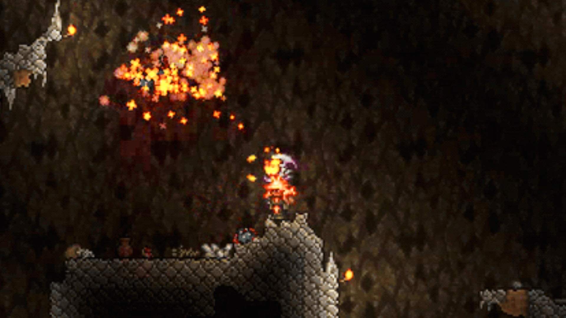 Обновление Terraria 1.4.5.7 – призванная башня огнеплюя, которую игрок несёт за спиной, стреляет по пещерным летучим мышам.