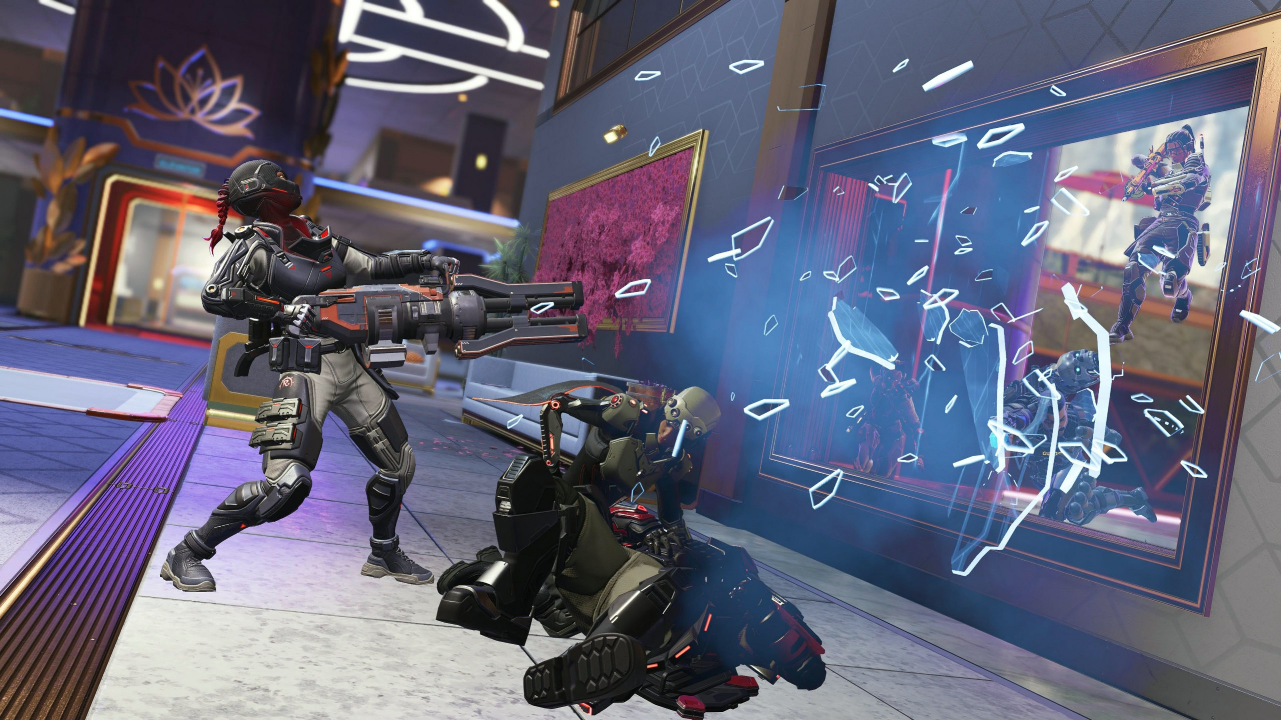 Рампарт стреляет из минигана и выбивает окно в Apex Legends