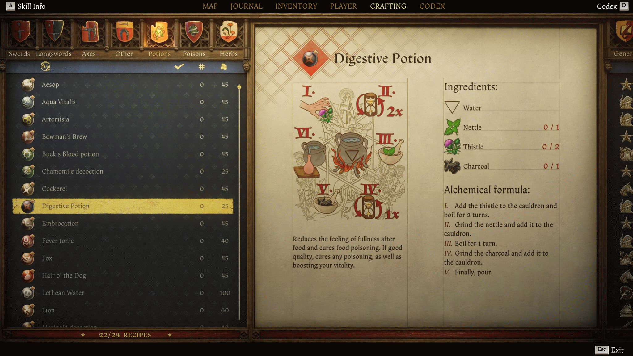 Экран создания предметов в Kingdom Come: Deliverance 2 с инструкцией и иллюстрацией рецепта противоядия.