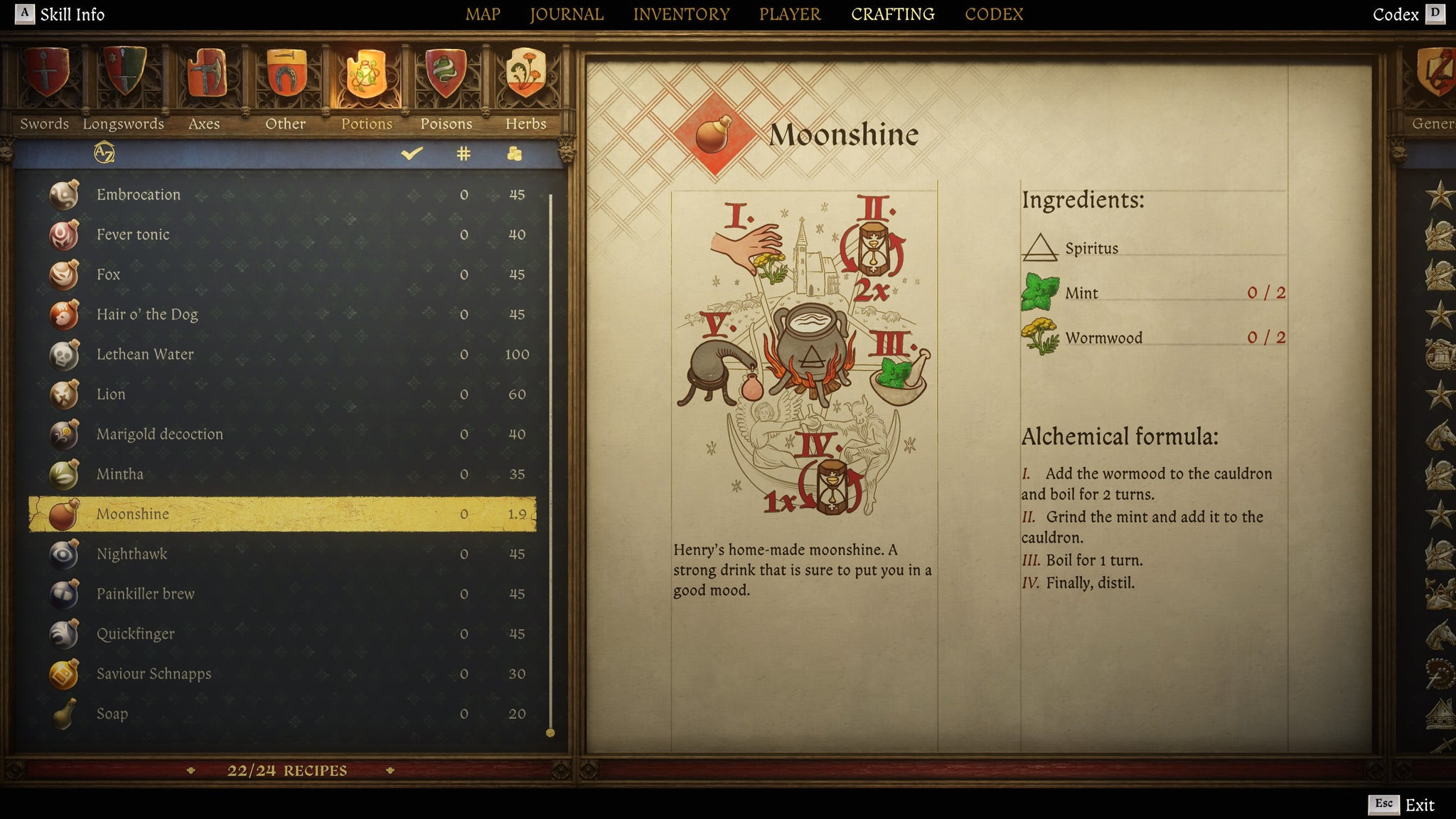 Экран создания предметов в Kingdom Come: Deliverance 2 с инструкцией и иллюстрацией рецепта самогона.