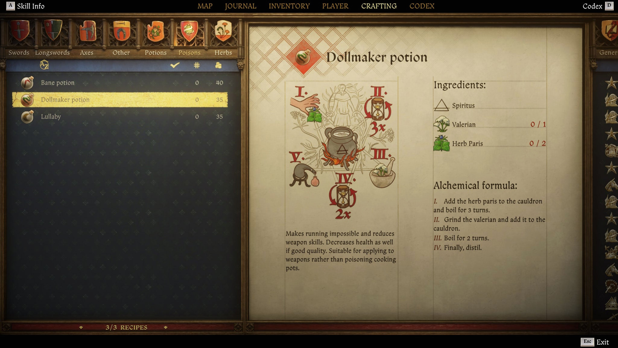 Экран создания предметов в Kingdom Come: Deliverance 2 с инструкцией и иллюстрацией рецепта яда «Окукливание».