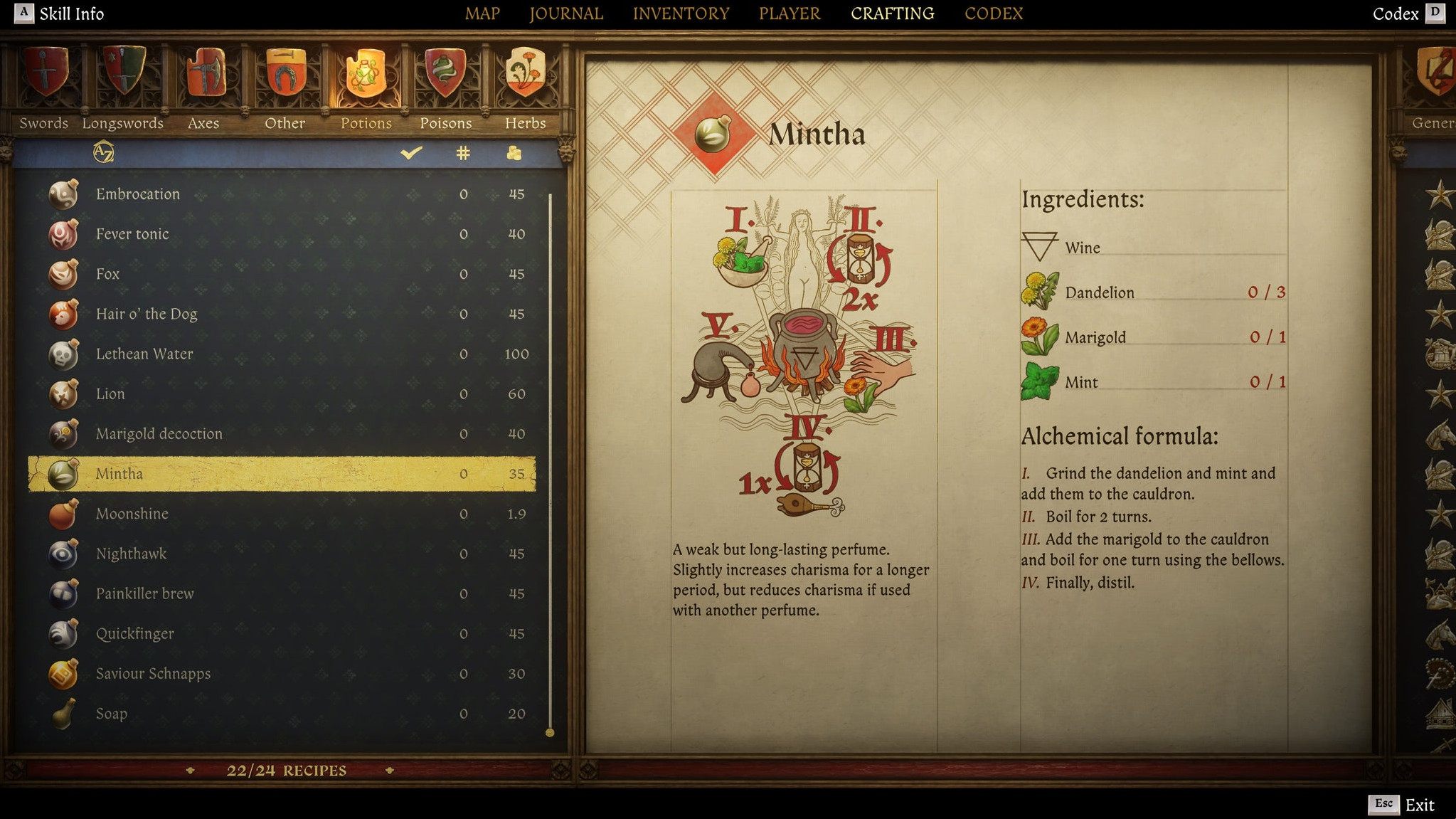 Экран создания предметов в Kingdom Come: Deliverance 2 с инструкцией и иллюстрацией рецепта духов «Минта».