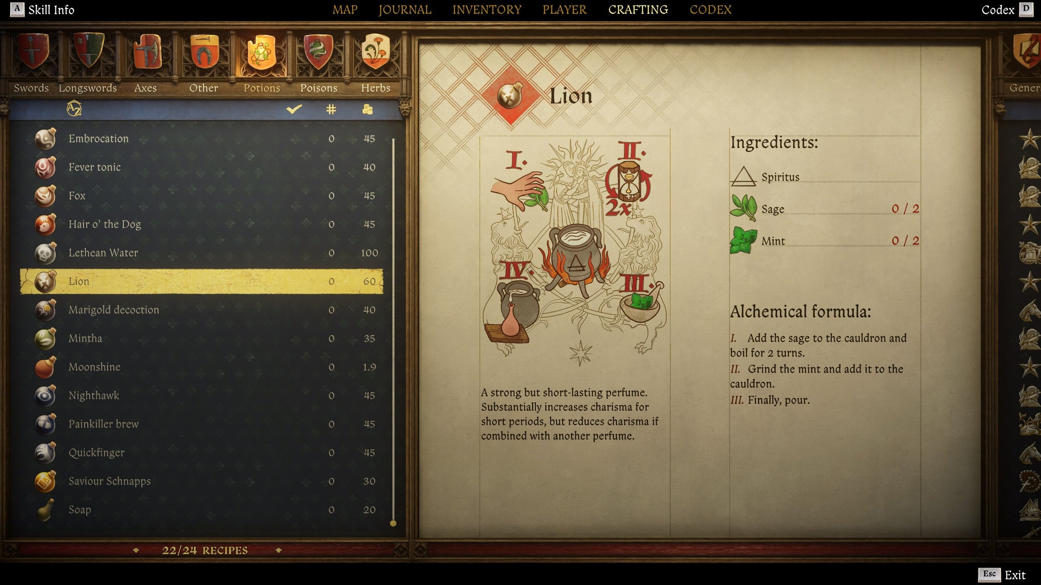 Экран создания предметов в Kingdom Come: Deliverance 2 с инструкцией и иллюстрацией рецепта духов «Лев».