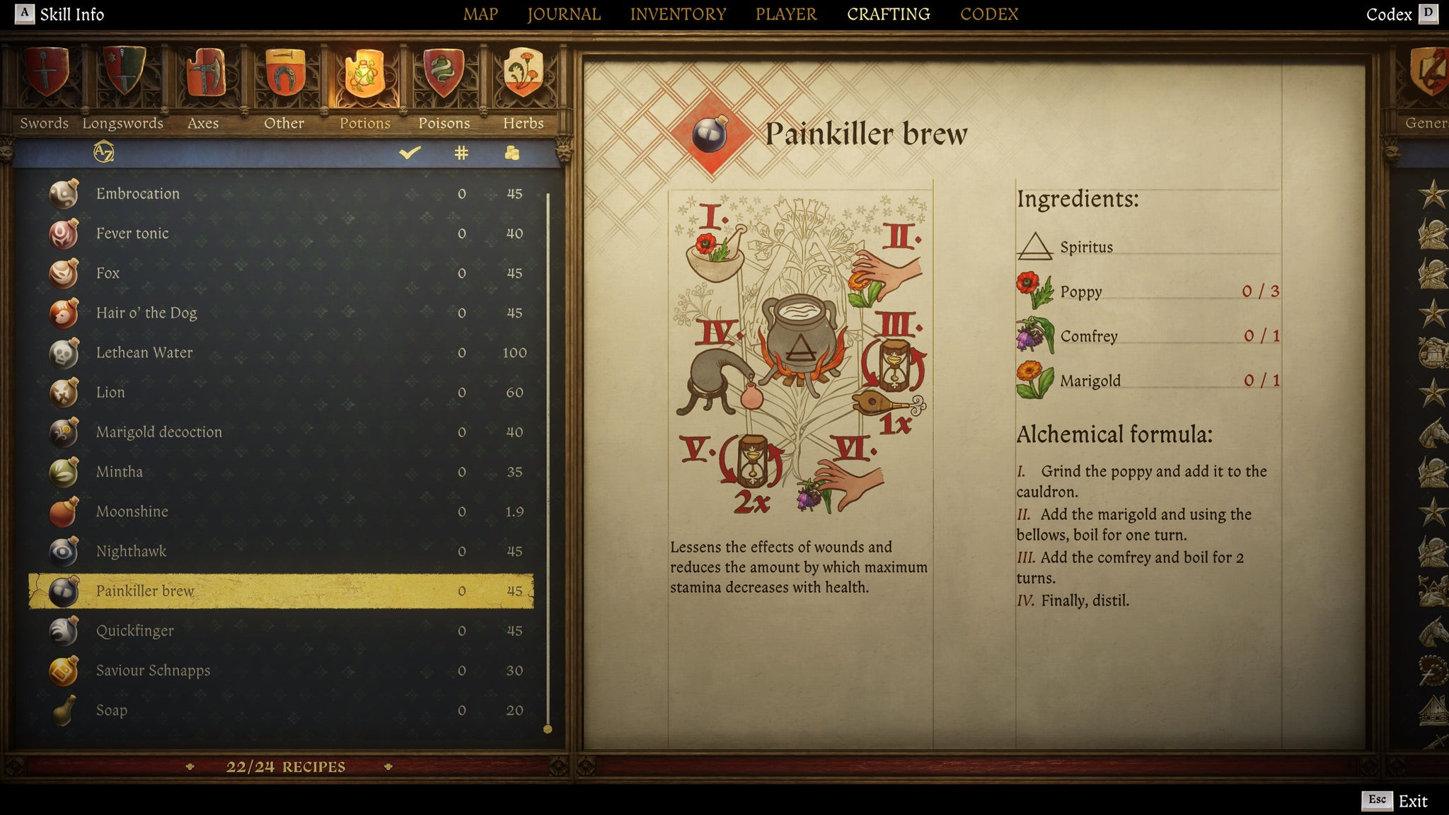 Экран создания предметов в Kingdom Come: Deliverance 2 с инструкцией и иллюстрацией рецепта болеутоляющего отвара.