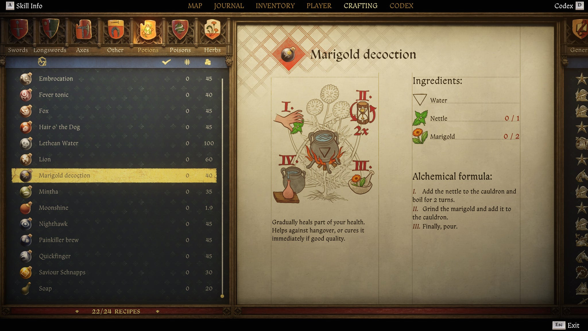 Экран создания предметов в Kingdom Come: Deliverance 2 с инструкцией и иллюстрацией рецепта настоя календулы.