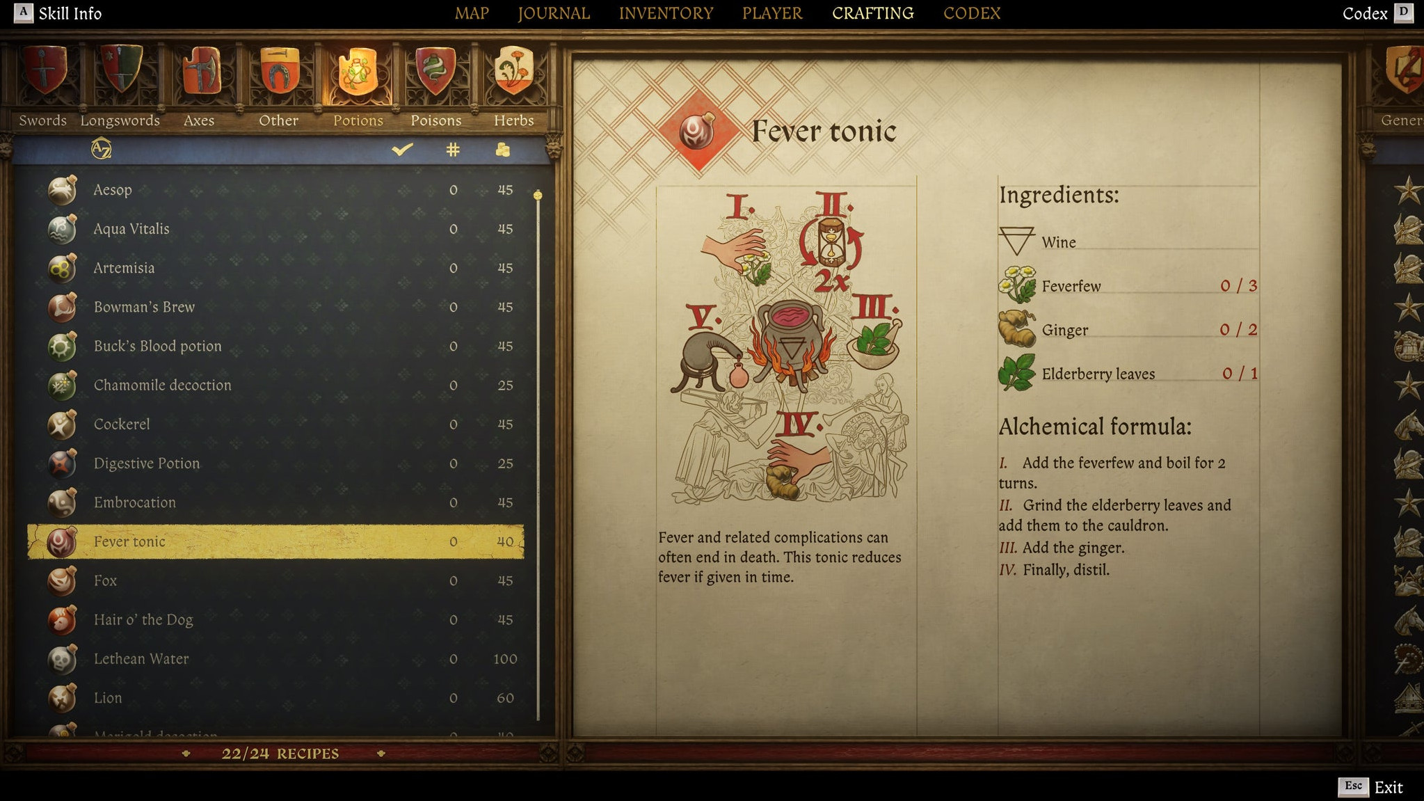 Экран создания предметов в Kingdom Come: Deliverance 2 с инструкцией и иллюстрацией рецепта снадобья от лихорадки.