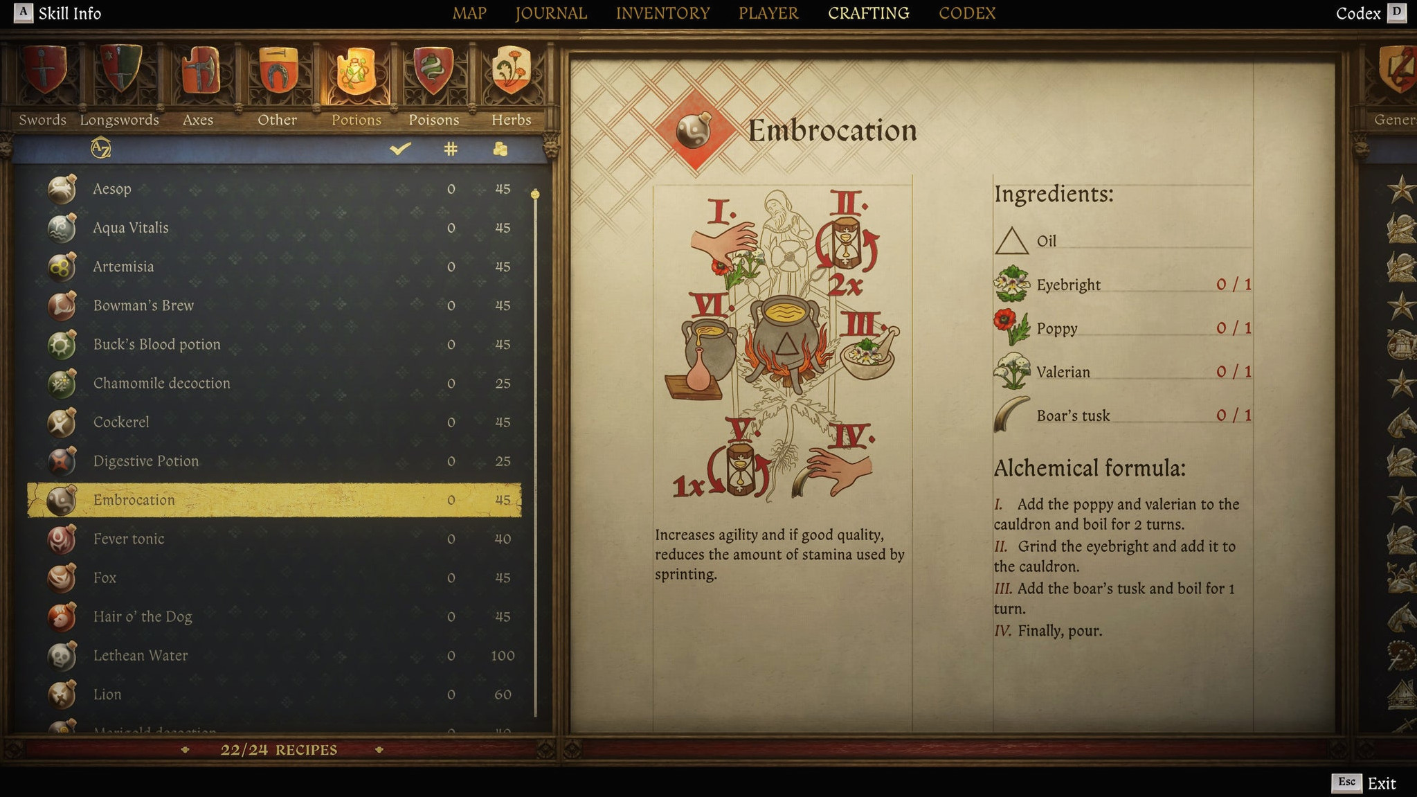 Экран создания предметов в Kingdom Come: Deliverance 2 с инструкцией и иллюстрацией рецепта «Примочка».
